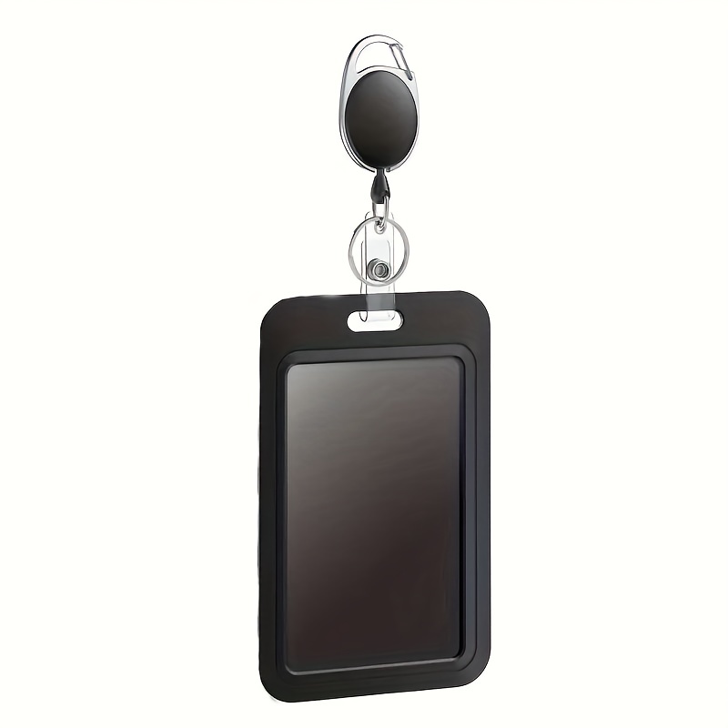 1pc Sliding Badge Holder Hard Black Vertical Plastic Card Case Protector  With Retractable Badge Reel Carabiner For Office School ID Credit Proximity  K