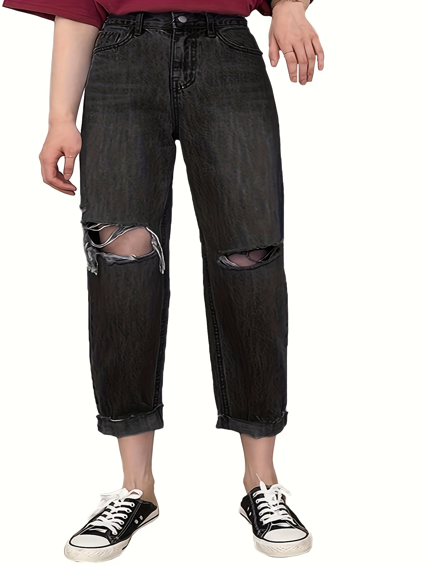 Black Ripped Holes Baggy Jeans Straight Legs Loose Fit Wide - Temu