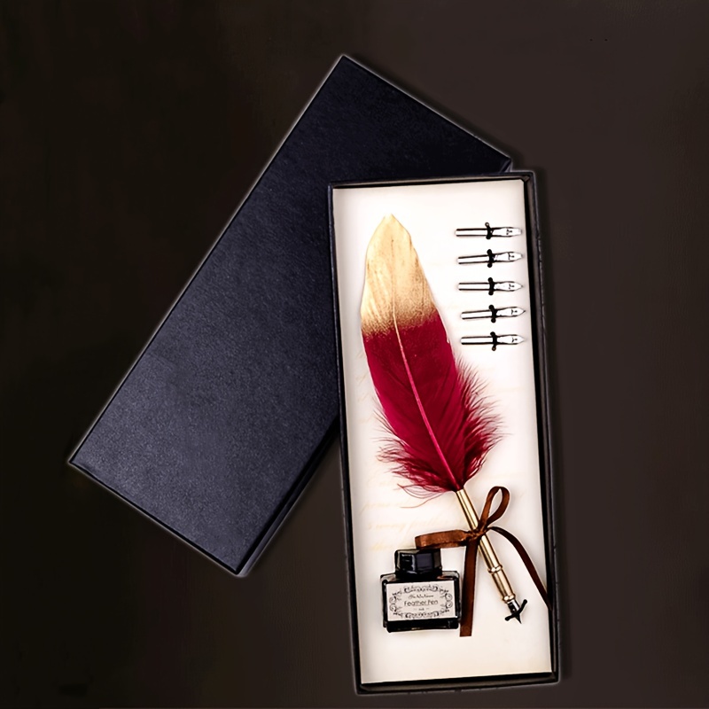 Feather Pen Ink Set Glittering Quill Pen Set Antique - Temu