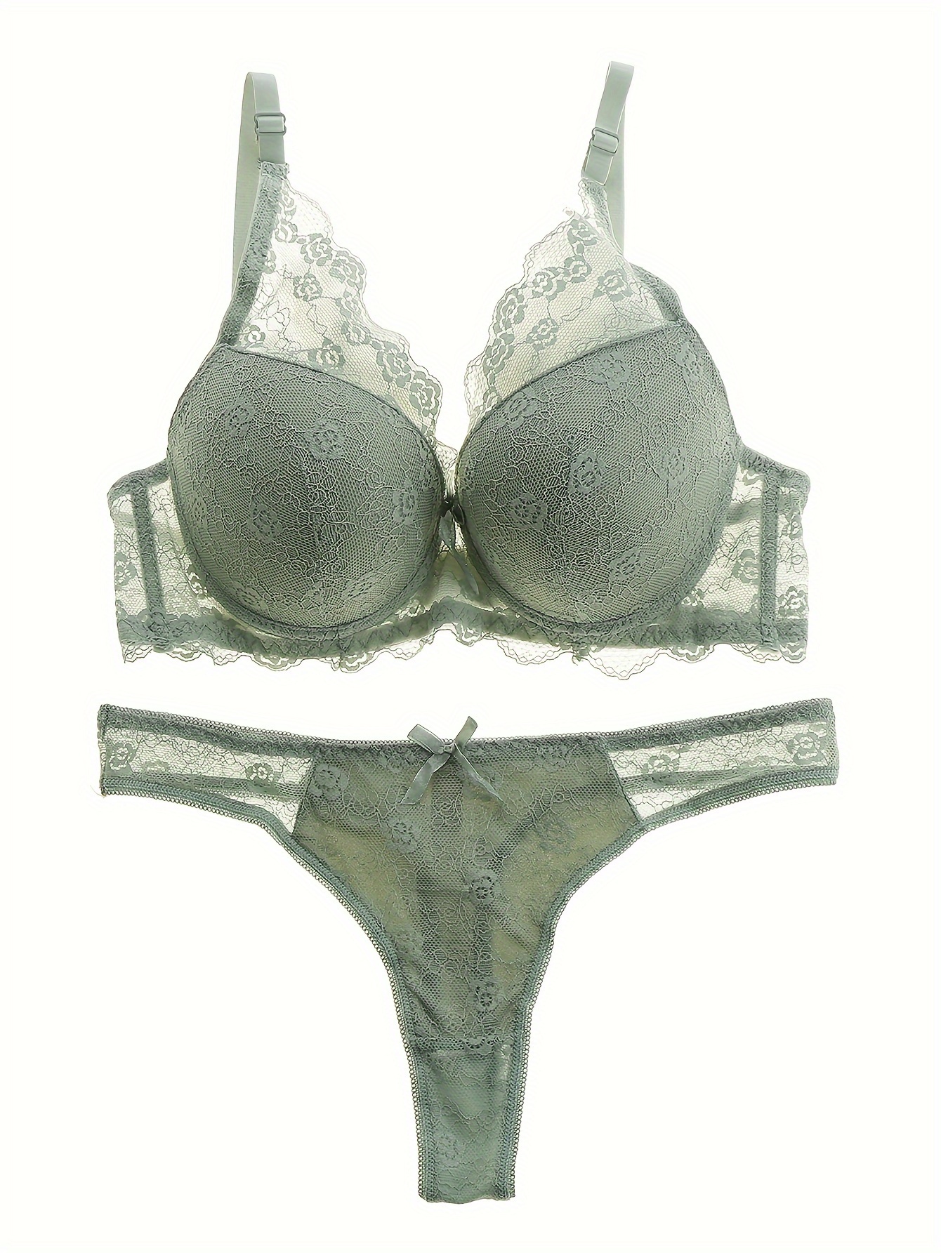 Plain Green Semi Sheer Lace Bra & Panty, Underwire Elegant Strappy Bra &  Panties Lingerie Set, Women's Lingerie & Underwear