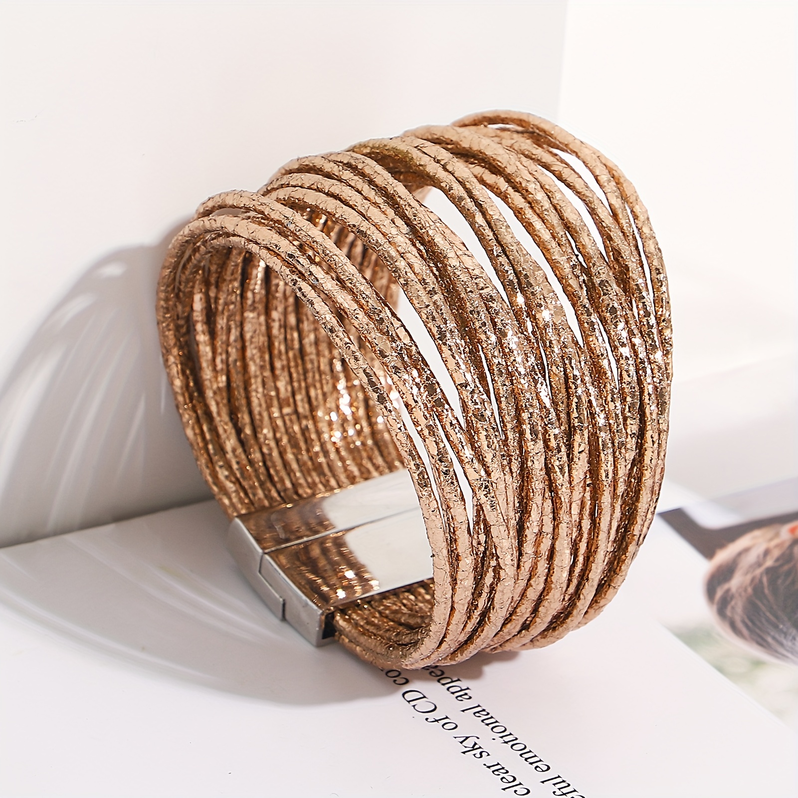 1pc slim stripes wide multilayer wrap bracelet metallic shiny glitter leather cuff bracelet with magnetic clasp jewelry for men women   birthday gifts details 9