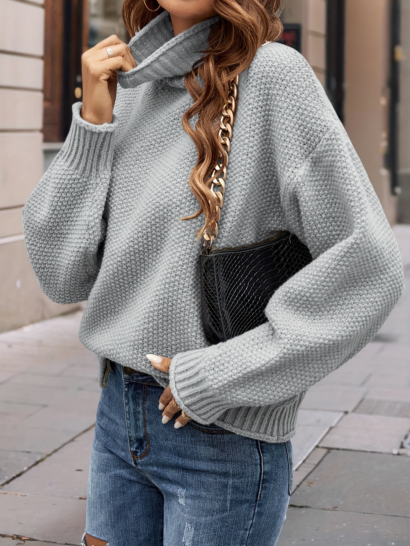 Solid Turtle Neck Chunky Knit Sweater Casual Long Sleeve - Temu