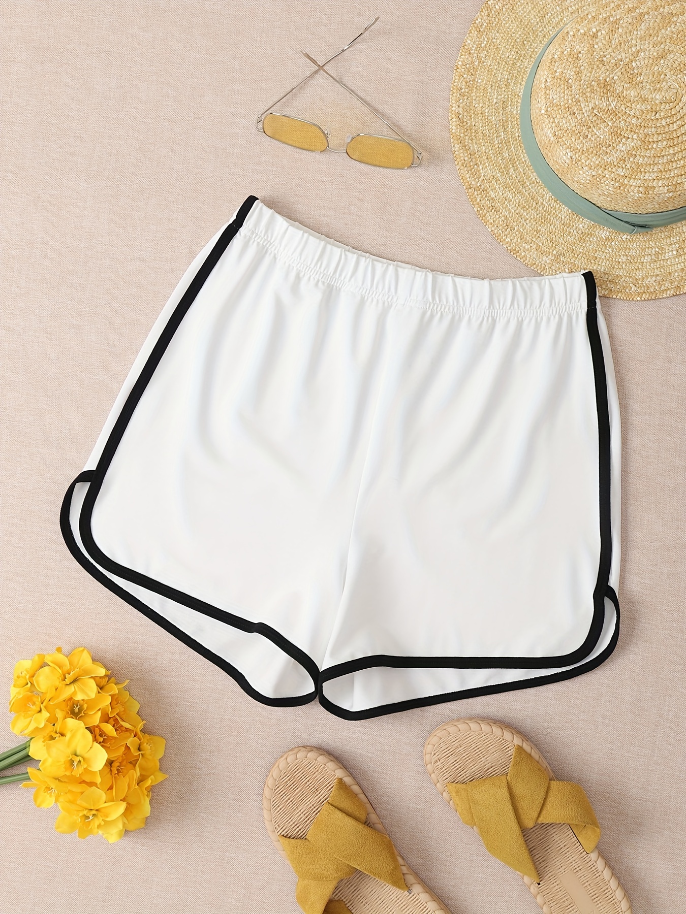 Contrast Trim Shorts Casual Elastic Waist Shorts Women's - Temu Canada