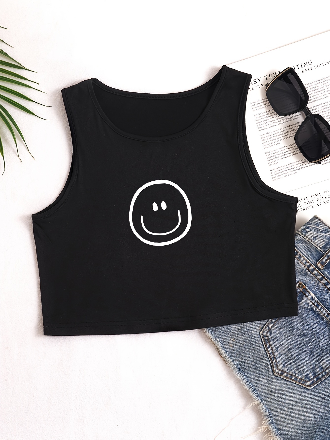 Smile Print Crop Tank Top Casual Crew Neck Sleeveless Summer Temu Denmark