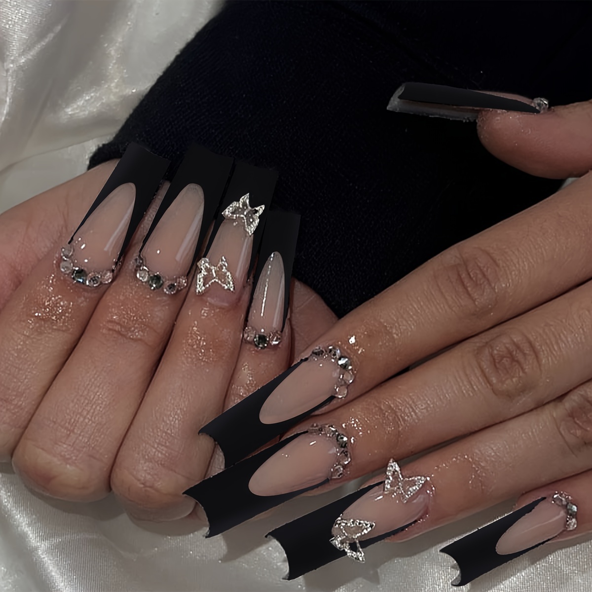 Glossy Long Square Fake Nails Black French Tip Press On - Temu