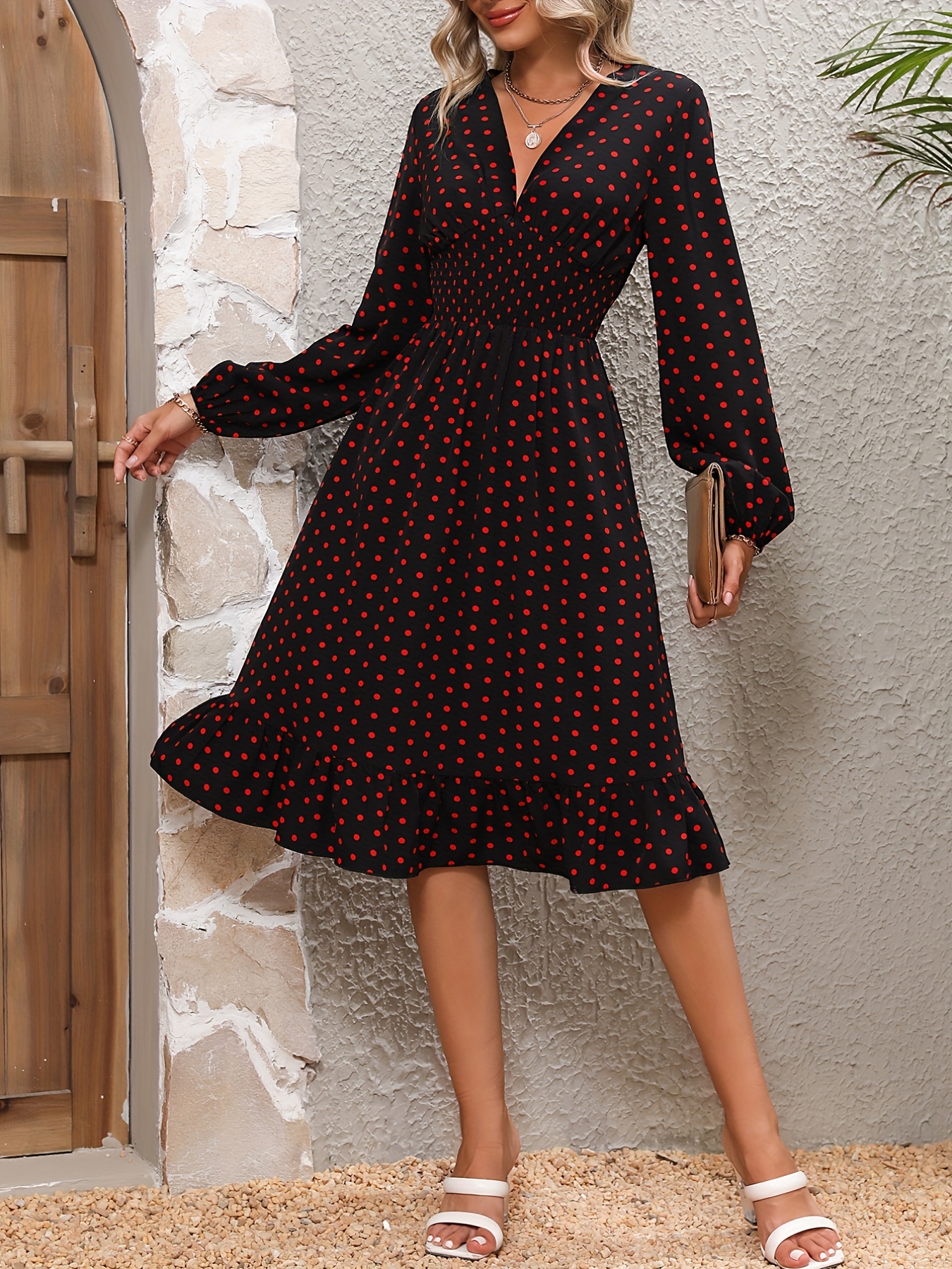 Dropship Retro V-neck Ruffle Dress; Polka Dot Print Long Sleeve Waist Loose  Summer Dresses; Women's Clothing to Sell Online at a Lower Price