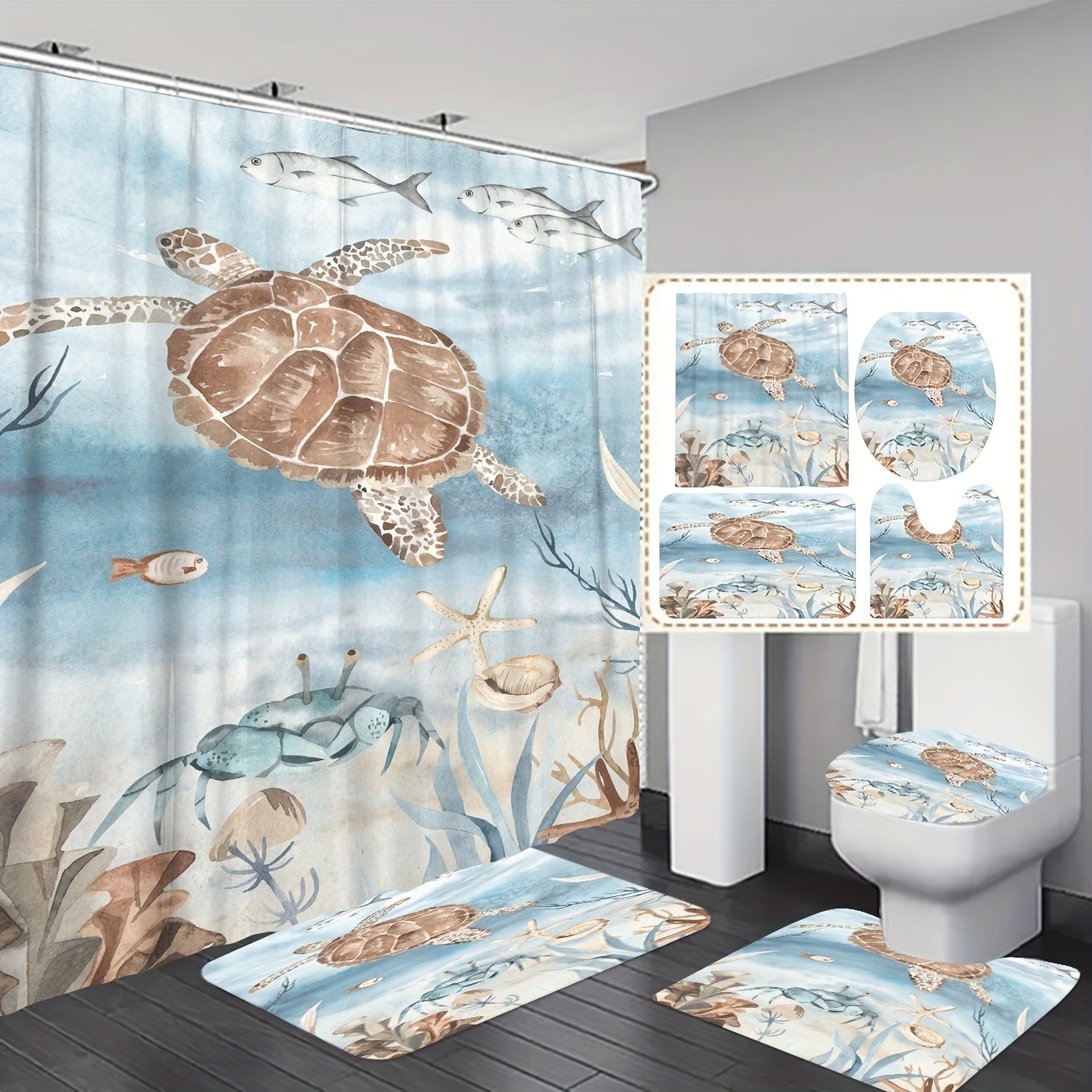 Turtle Shower Curtain Four-piece Set, Bathroom Decor Sets With Rugs Include  Waterproof Shower Curtain Non-slip Rug Toilet Lid Cover Bath Mat And 12  Plastic Hooks - Temu