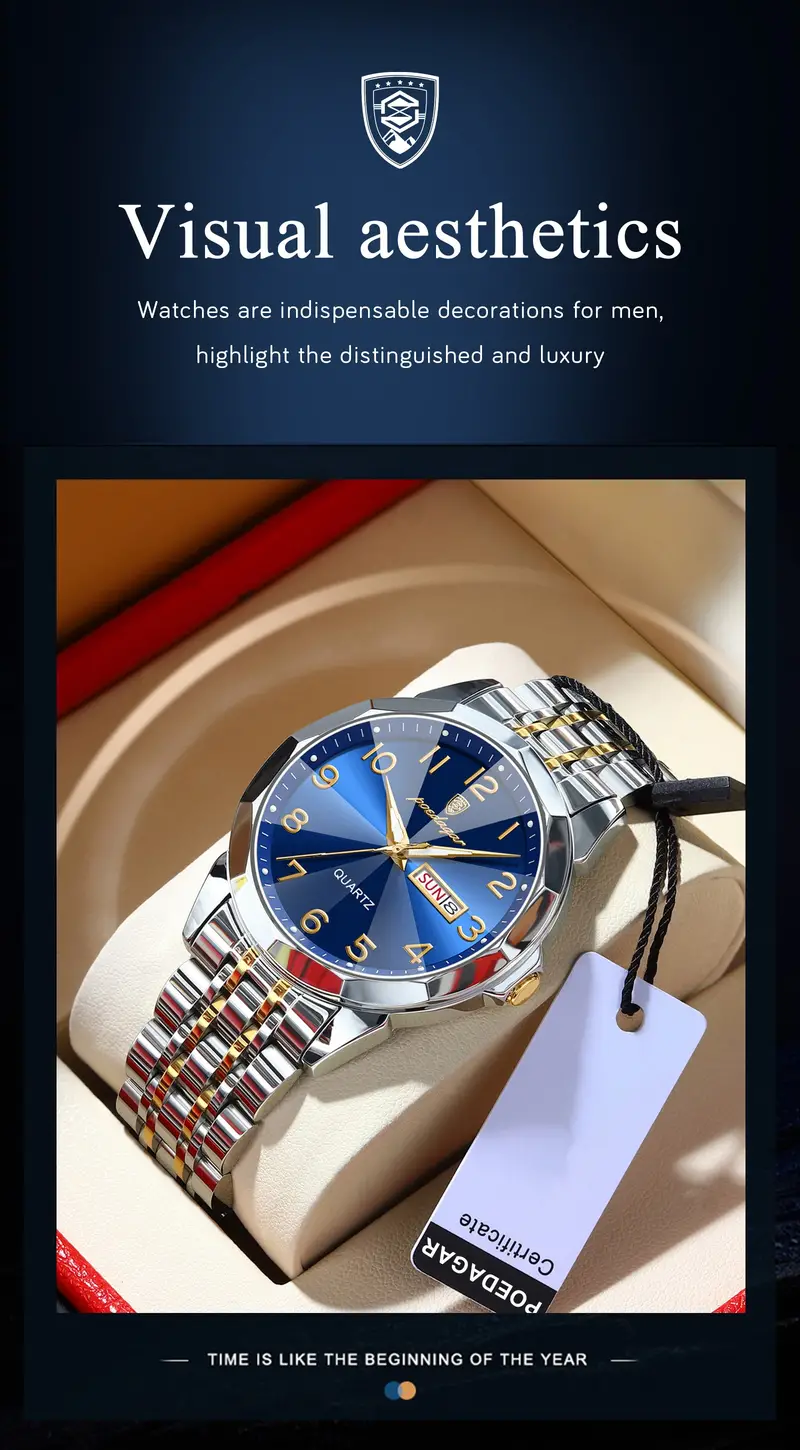 poedagar mens trendy quartz watch stainless steel waterproof luminous calendar wrist watch details 1