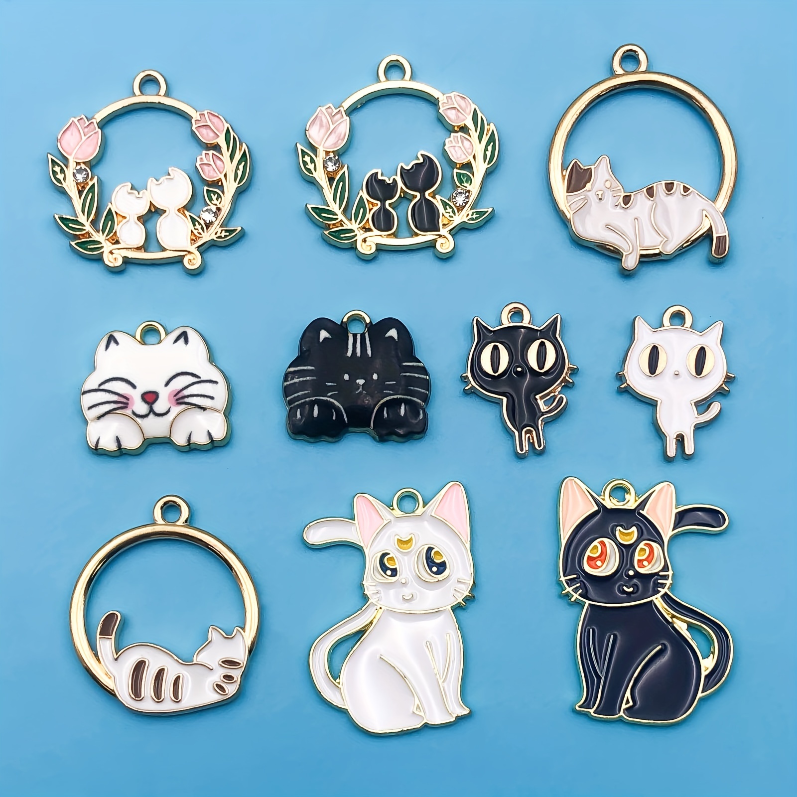 10pcs/set Exquisite Cute Cartoon Animal Cat Charms, Enamel Alloy Pendants  For Jewelry Making, Earring Bracelet Necklace DIY Crafting Jewelry Accessori