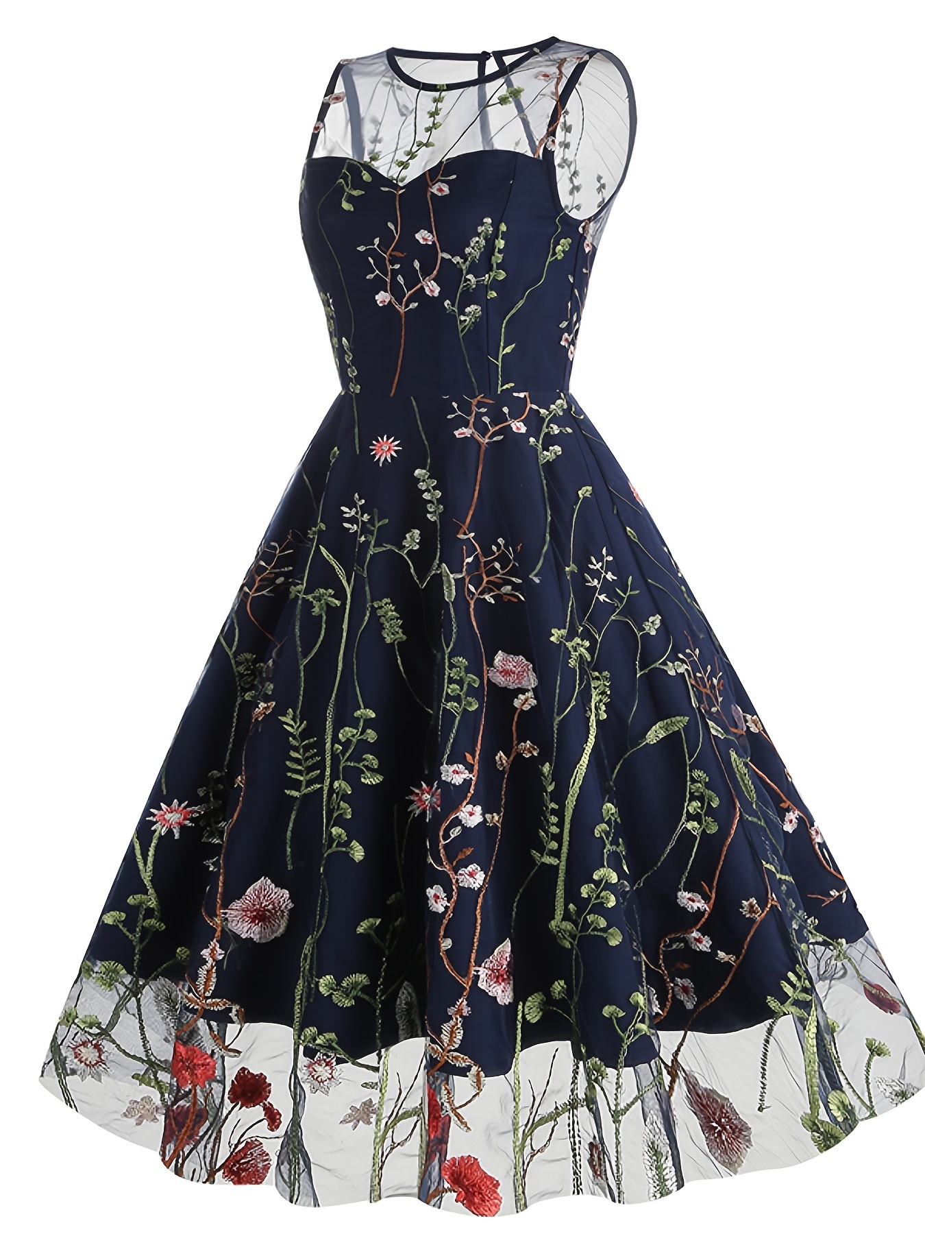 Embroidery Mesh Floral Print Dress Vintage Sleeveless Ruffle - Temu