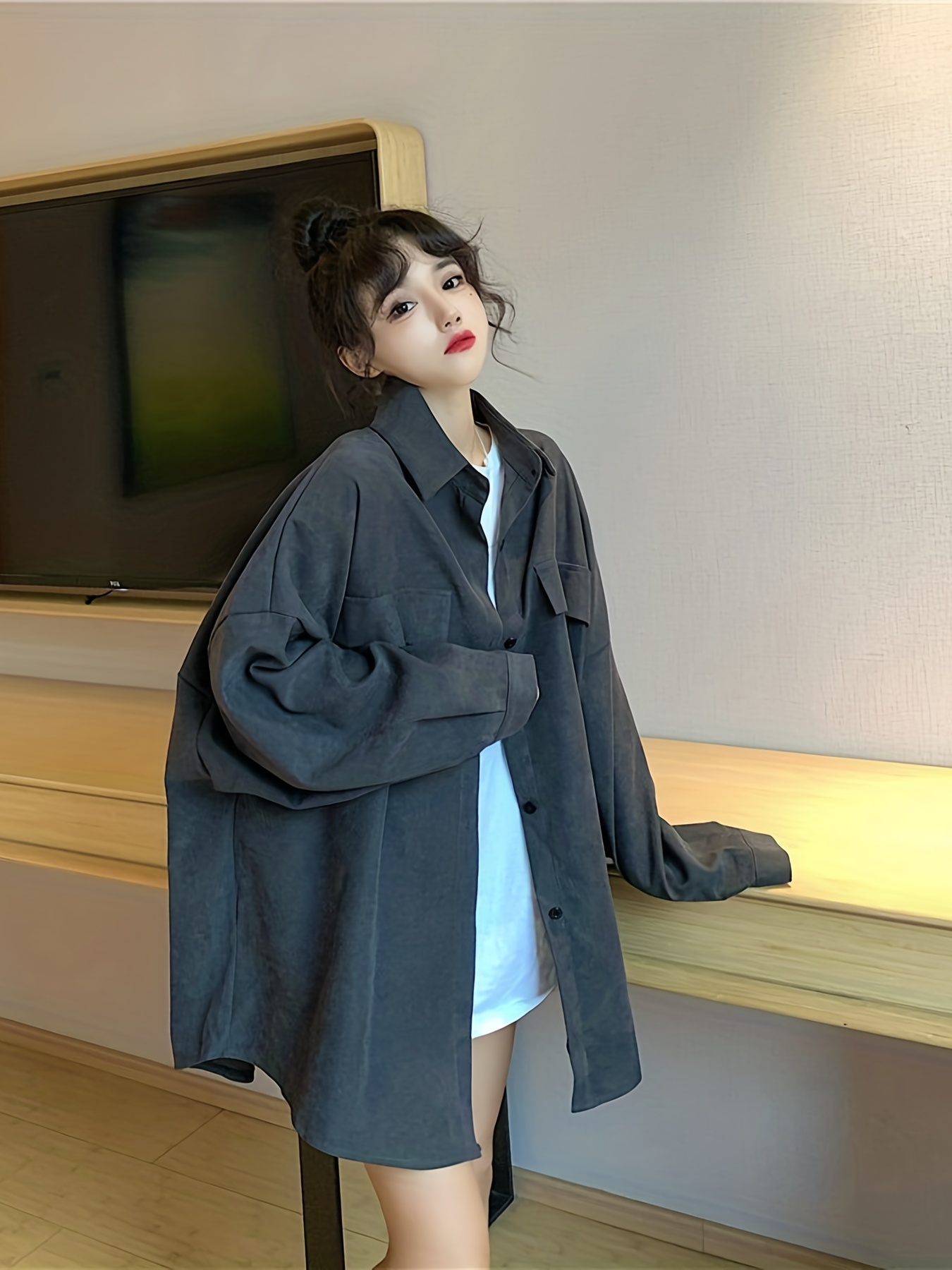 Solid Collar Oversized Shirt Casual Long Sleeve Button - Temu