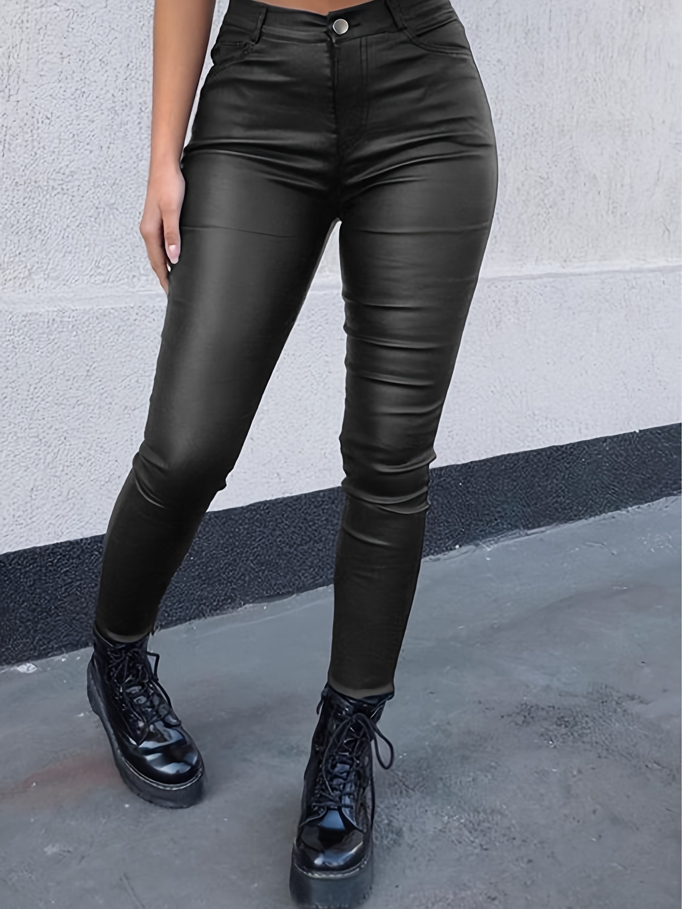 New Sexy Skinny Tight Black Leather Look Leggings Pants with Studs Size 12  14