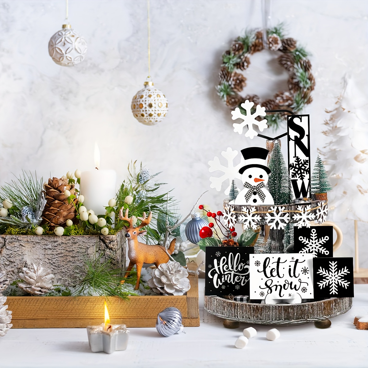  14 Pcs Winter Tiered Tray Decor Set Snowman Snowflake Table  Decor Christmas Tree Wooden sign Farmhouse Coffee Spice Blocks Winter Table  decoration for Christmas Home Table Shelf : Home & Kitchen