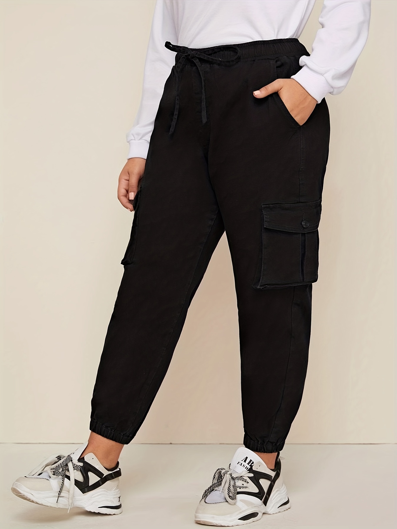 Plus Size Casual Pants Women's Plus Solid Crinkle Elastic - Temu