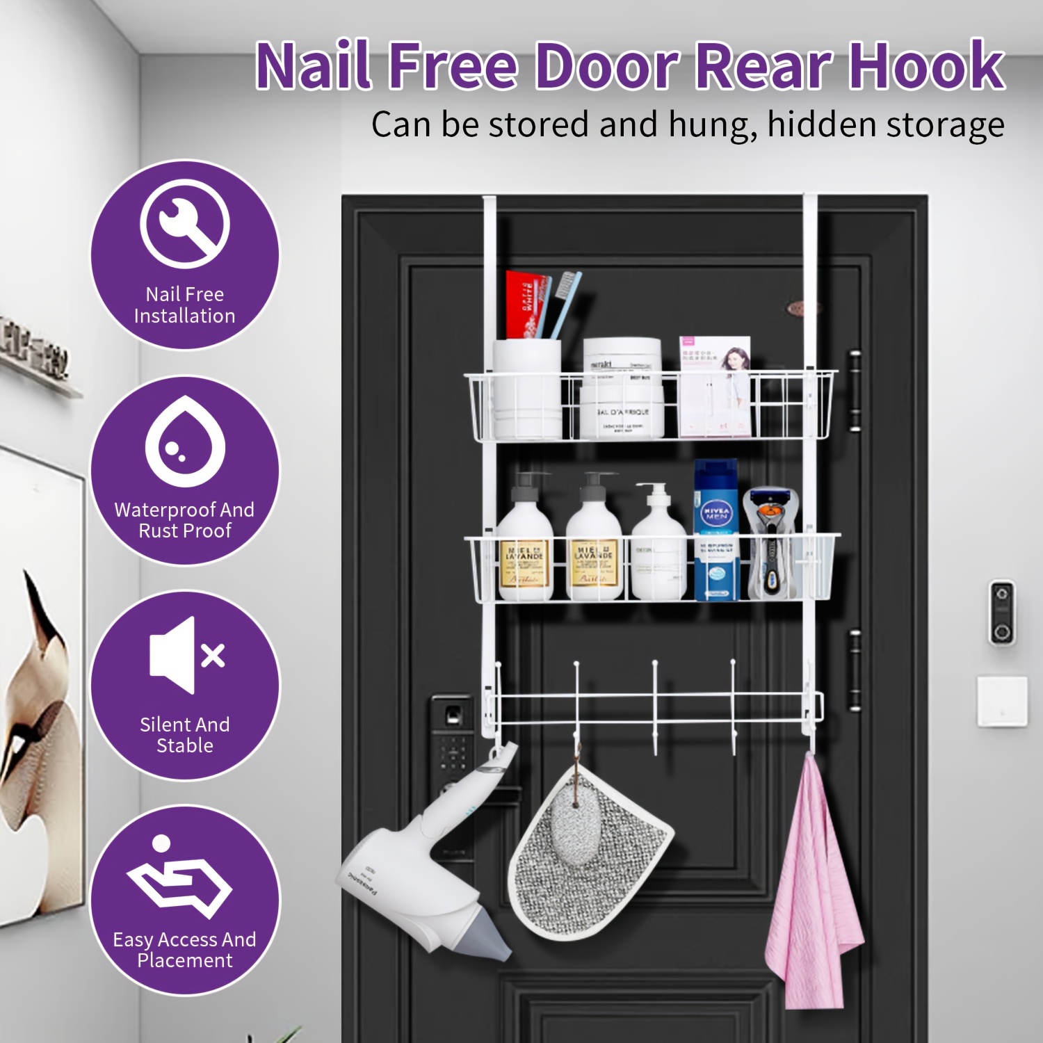 Over The Door Hooks, Over The Door Hanger for Hanging, Over Door Towel Rack  Coat Rack Hanger Hooks for Clothing, Anti-Rust Overdoor Organizer Rack