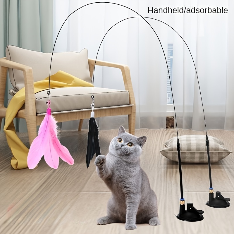 

1pc Feather Decor Cat Teaser Stick Toy Durable Cat Chew Toy With Bell And Suction Cup Of Random Color For Cat Interactive Supply