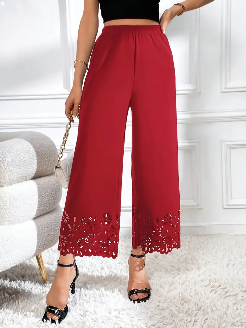 Lace Stitching Wide Leg Pants, Casual Elastic Waist Solid Pants, Women's  Clothing