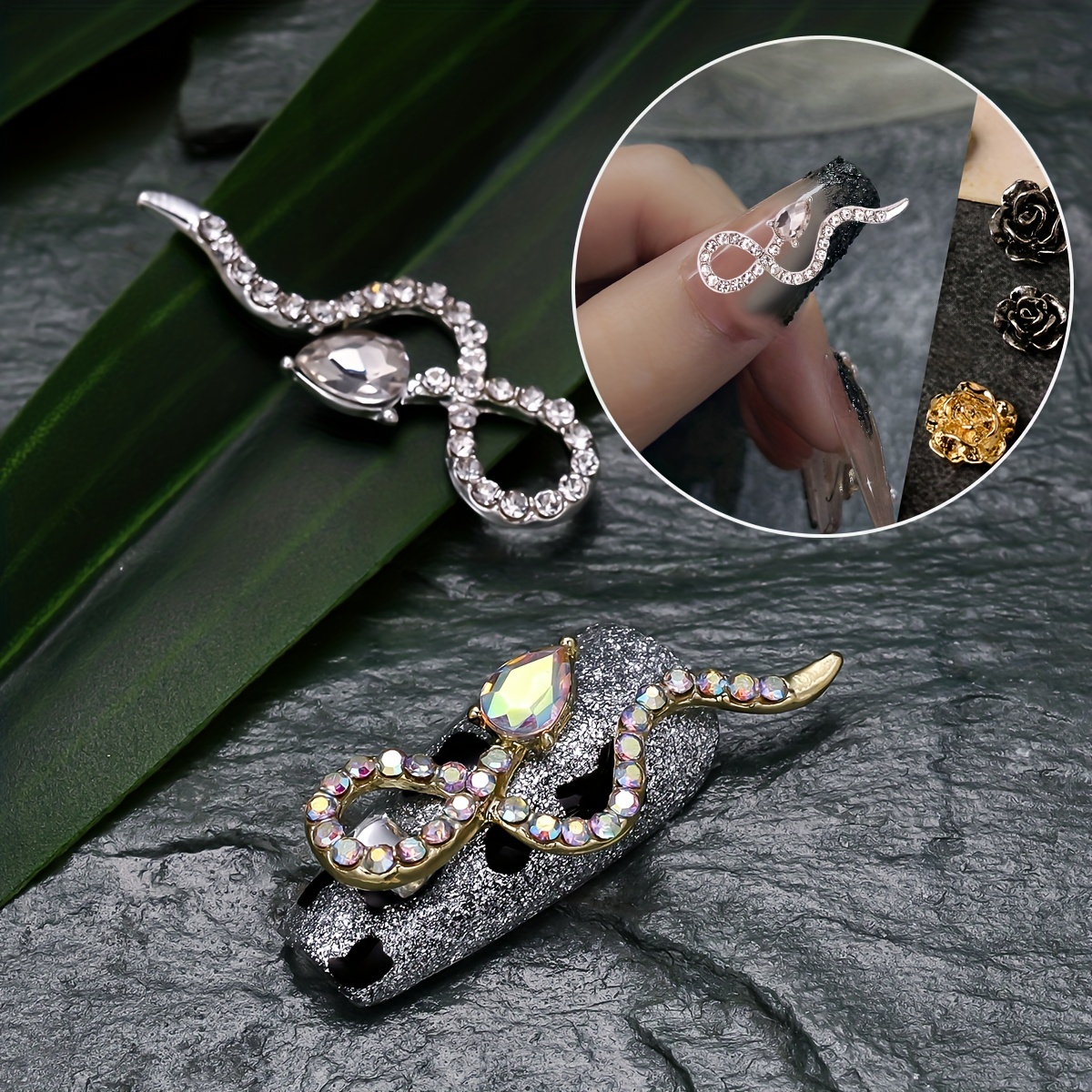 Sohindel Rhinestones for Nails Nail Supplies Nail Diamonds Rhinestones Flatback Charms Snake-shape Embellishment Charms - Black + Gold