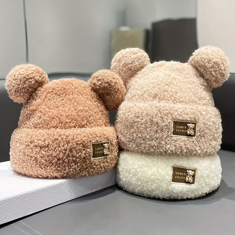 Cartoon Bear Ear Lamb Hat With Mask Cute Warm Shelter From The Wind Cap  Winter Thicken Ear Protection Winter Outstreet Headwear