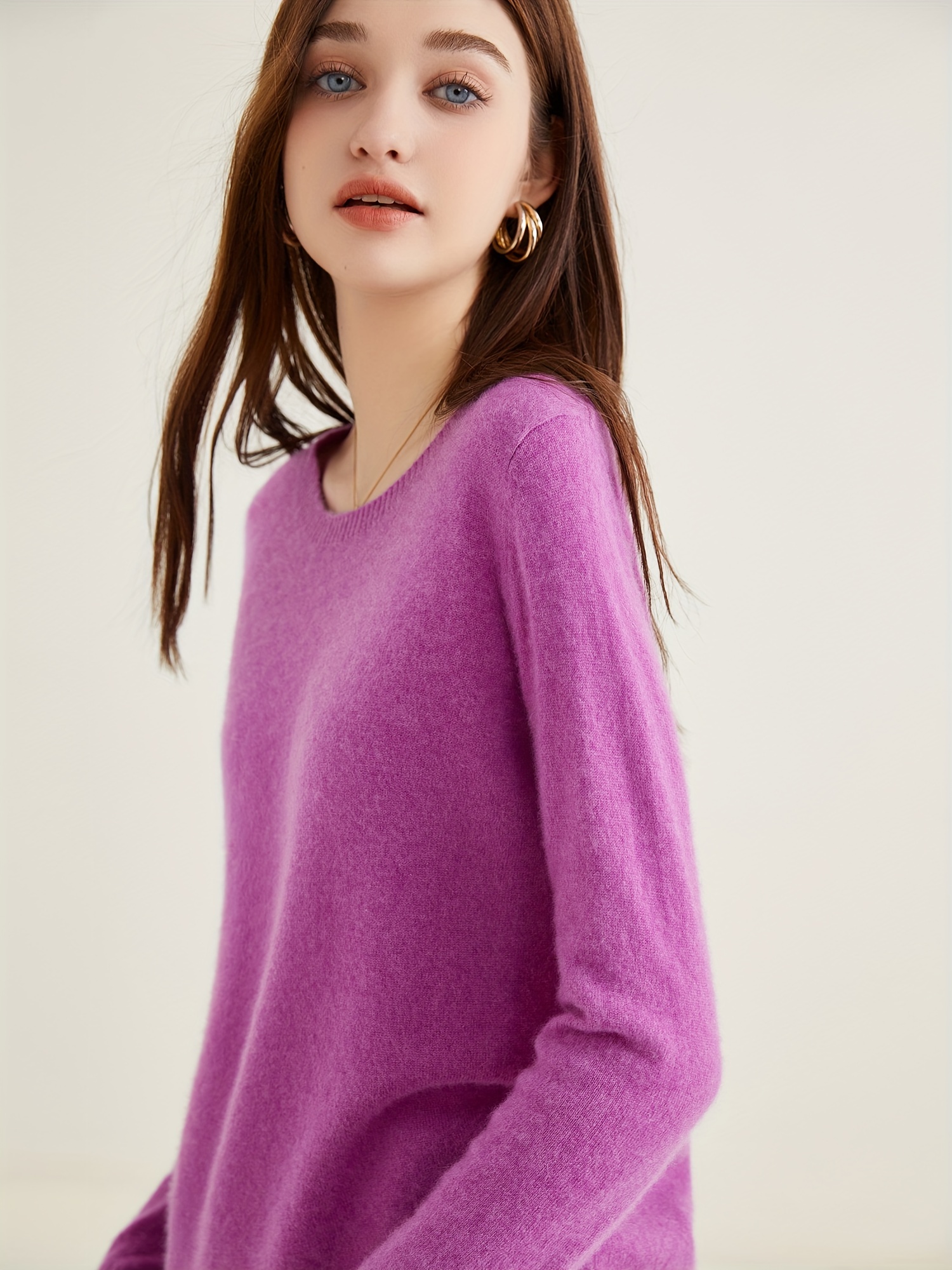 100 cashmere sweater casual long sleeve crew neck sweater womens clothing purple 3