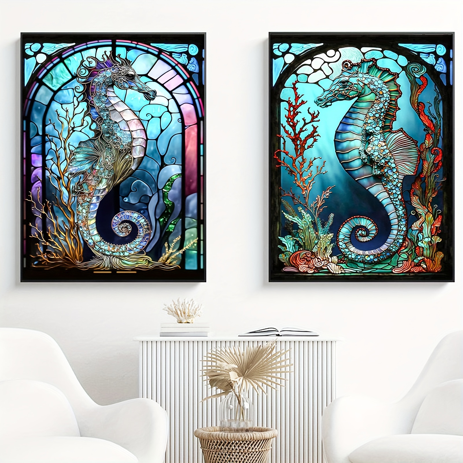 5D Diamond Painting Kits Seahorse Stained Glass DIY Diamond Full Round Drill Diamond Art Painting for Adults with Accessories for Home Wall Decor
