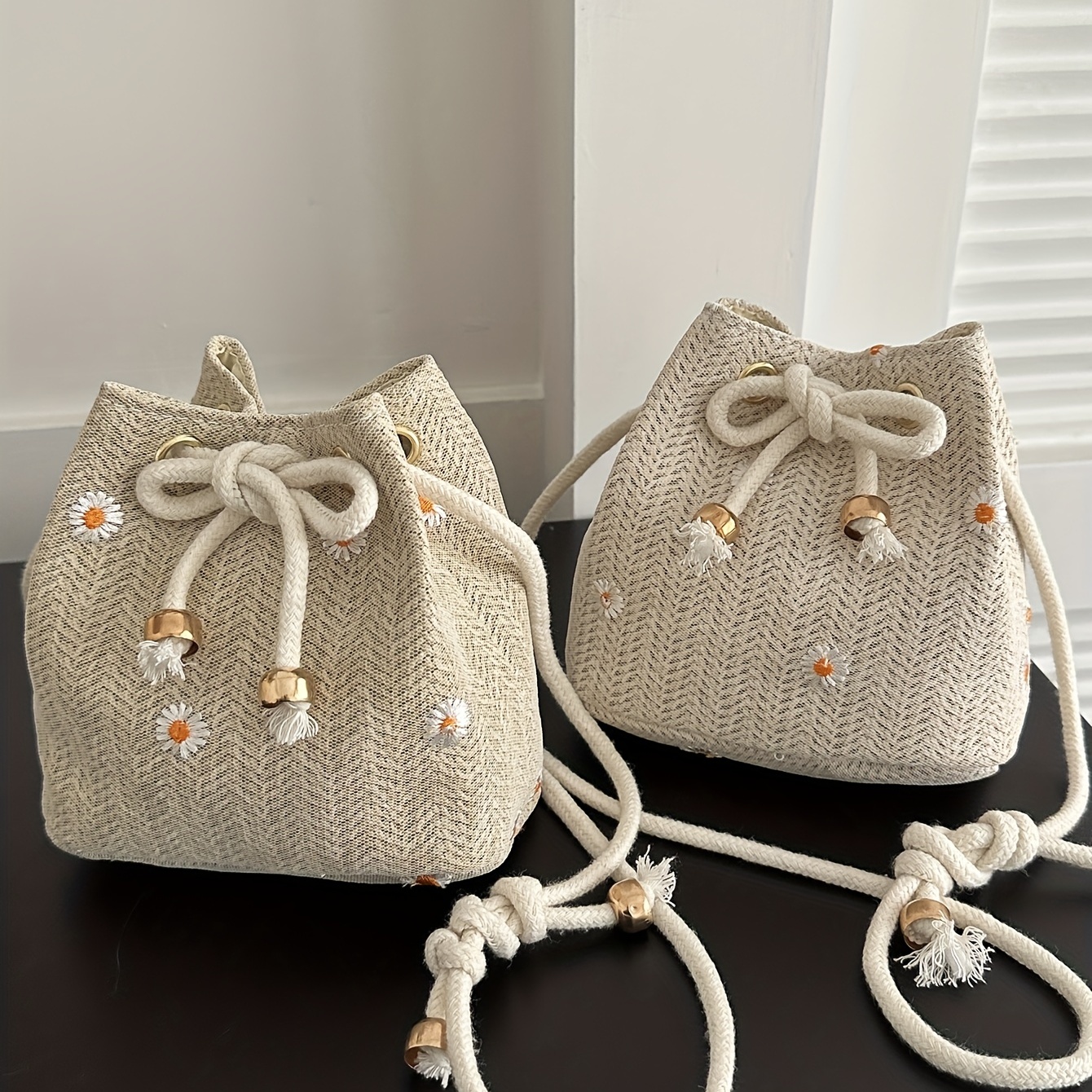Embroidery Bag Straw Woven Bag Small Messenger Bag Drawstring