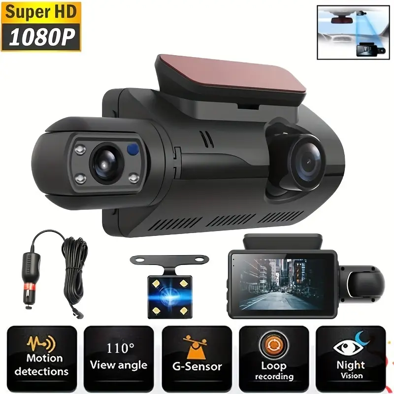 1080P HD Night Vision Dash Cam with 360-Degree Recording and 3-Inch IPS  Screen - Dual-Lens Reversing Image for Safe Driving