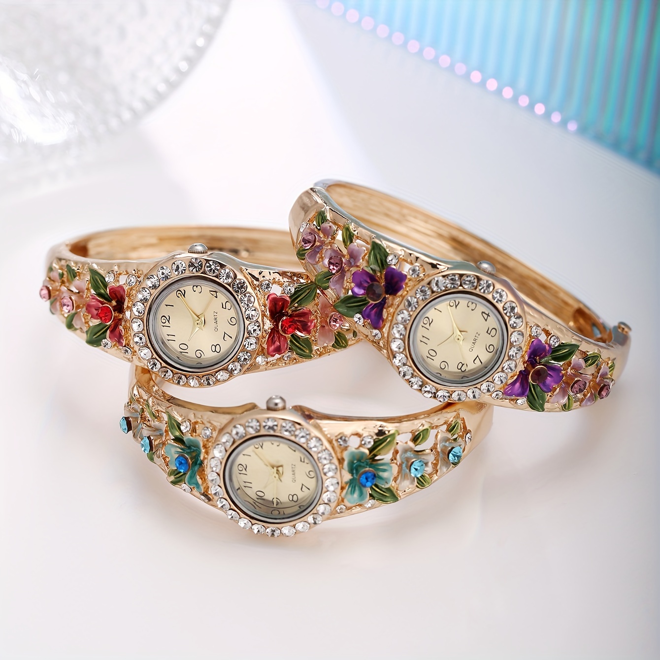 

1/3pcs Women's Watch Luxury Flower Quartz Bracelet Watch Vintage Baroque Rhinestone Analog Bangle Cuff Watch