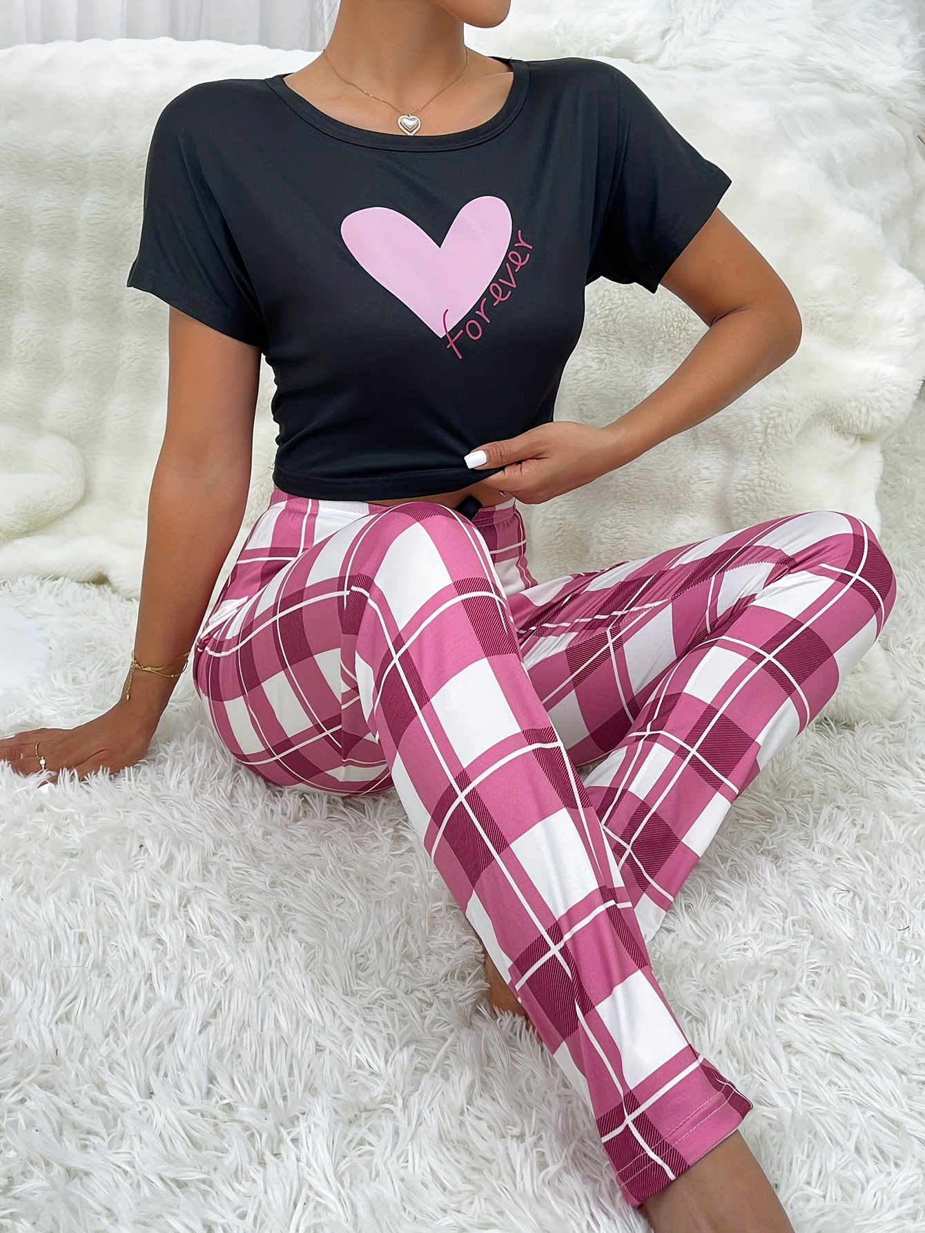 Heart & Plaid Print Pajama Set, Long Sleeve Crew Neck Top & Elastic  Waistband Pants, Women's Sleepwear & Loungewear