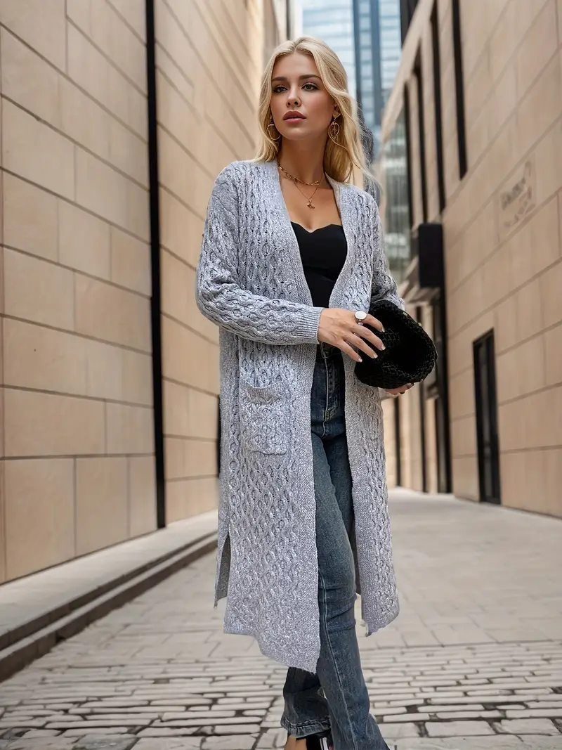 Solid Open Front Knit Cardigan, Casual Long Sleeve Long Length Split  Sweater Coat With Pocket, Women's Clothing