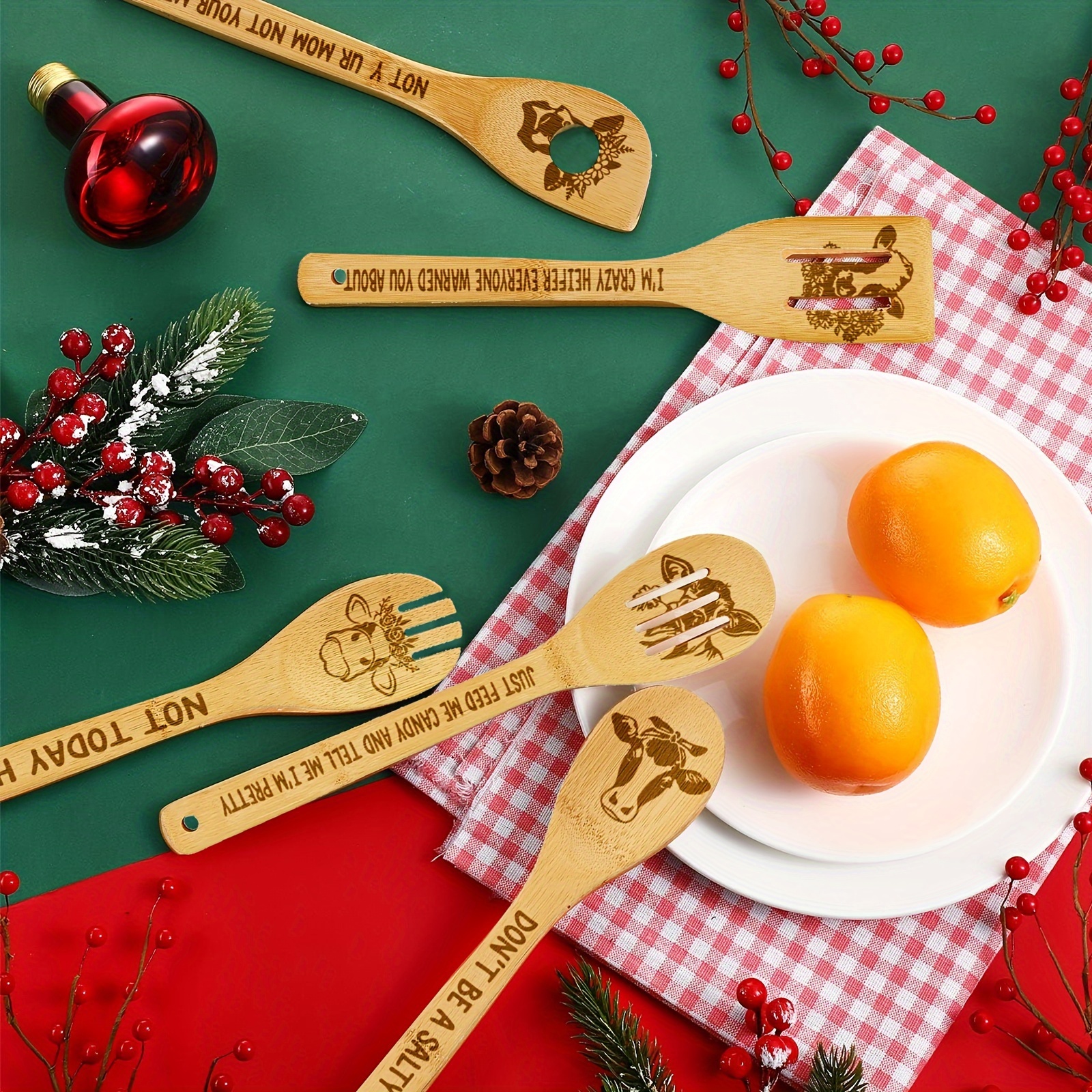 Cute Cow Wooden Cooking Spoons Set For Christmas Gift, Burned