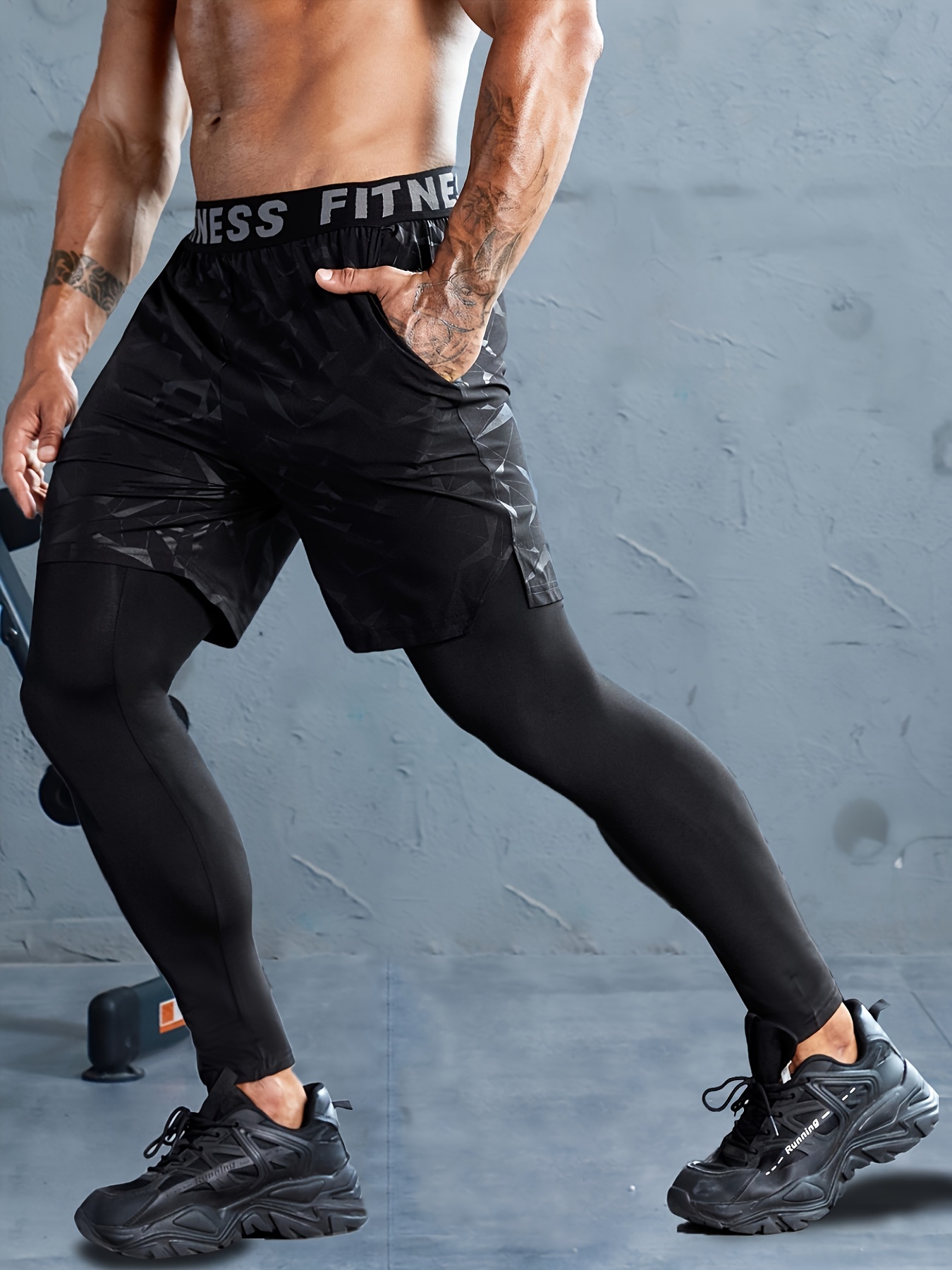 Mens Compression Pants with Shorts Running Sports Cropped Trousers GYM  Leggings