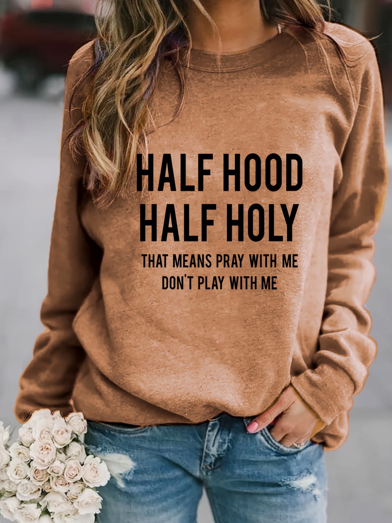 Half Hood Half Holy Print Sweatshirt Long Sleeve Crew Neck Temu