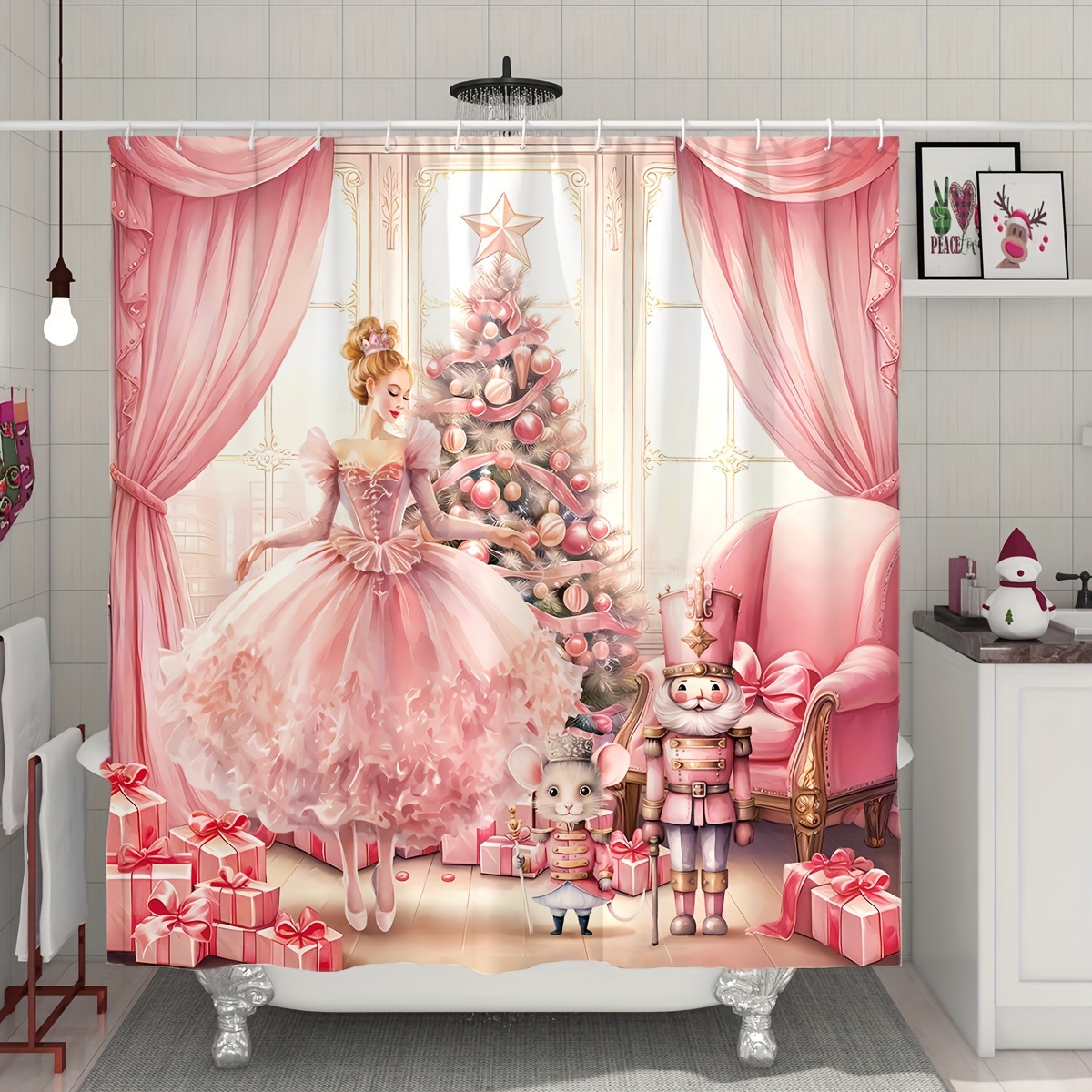 

1pc Pink Nutcracker Ballerina Printed Shower Curtain, Waterproof Polyester Bath Curtain With Hooks, Bathtub Partition, Bathroom Accessories, Bathroom Christmas Decorations