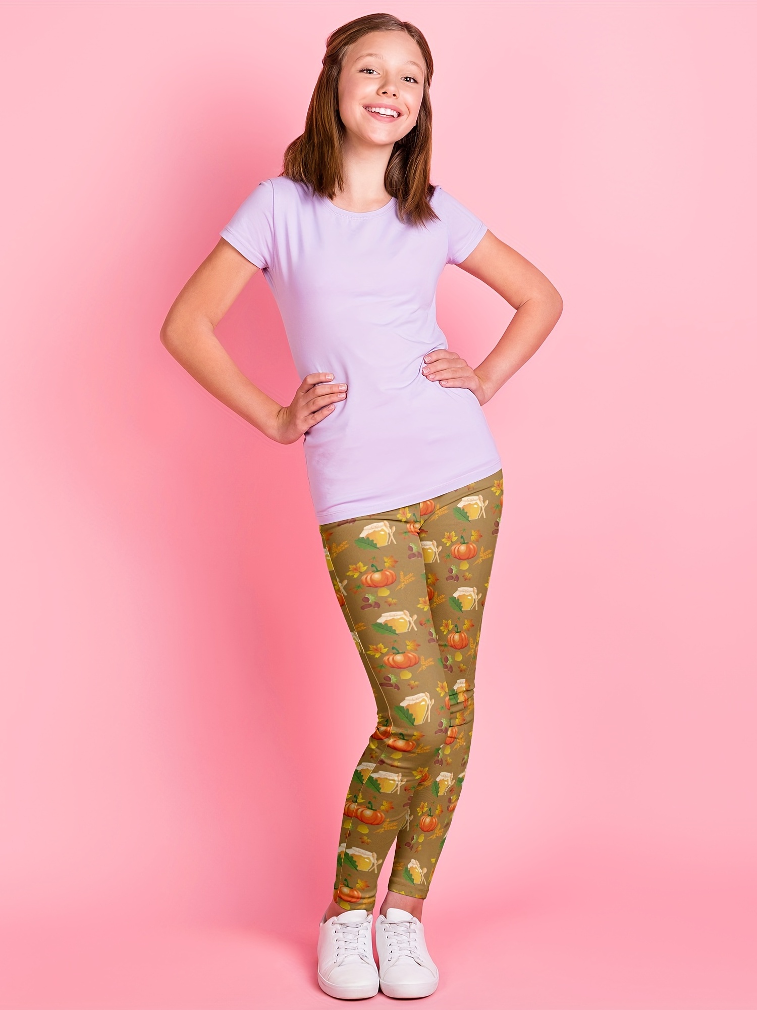 Girls' Thanksgiving Leggings with Turkey Pumpkin Dwarf Pattern