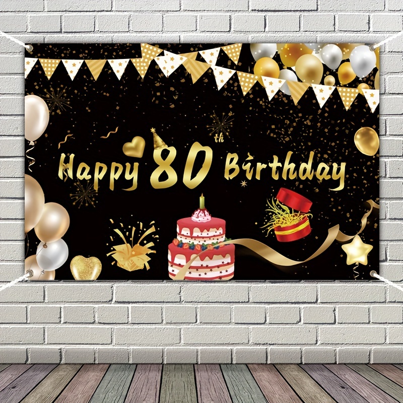 Happy 80th Birthday Backdrop Banner Extra Large Black And Gold Party  Decorations