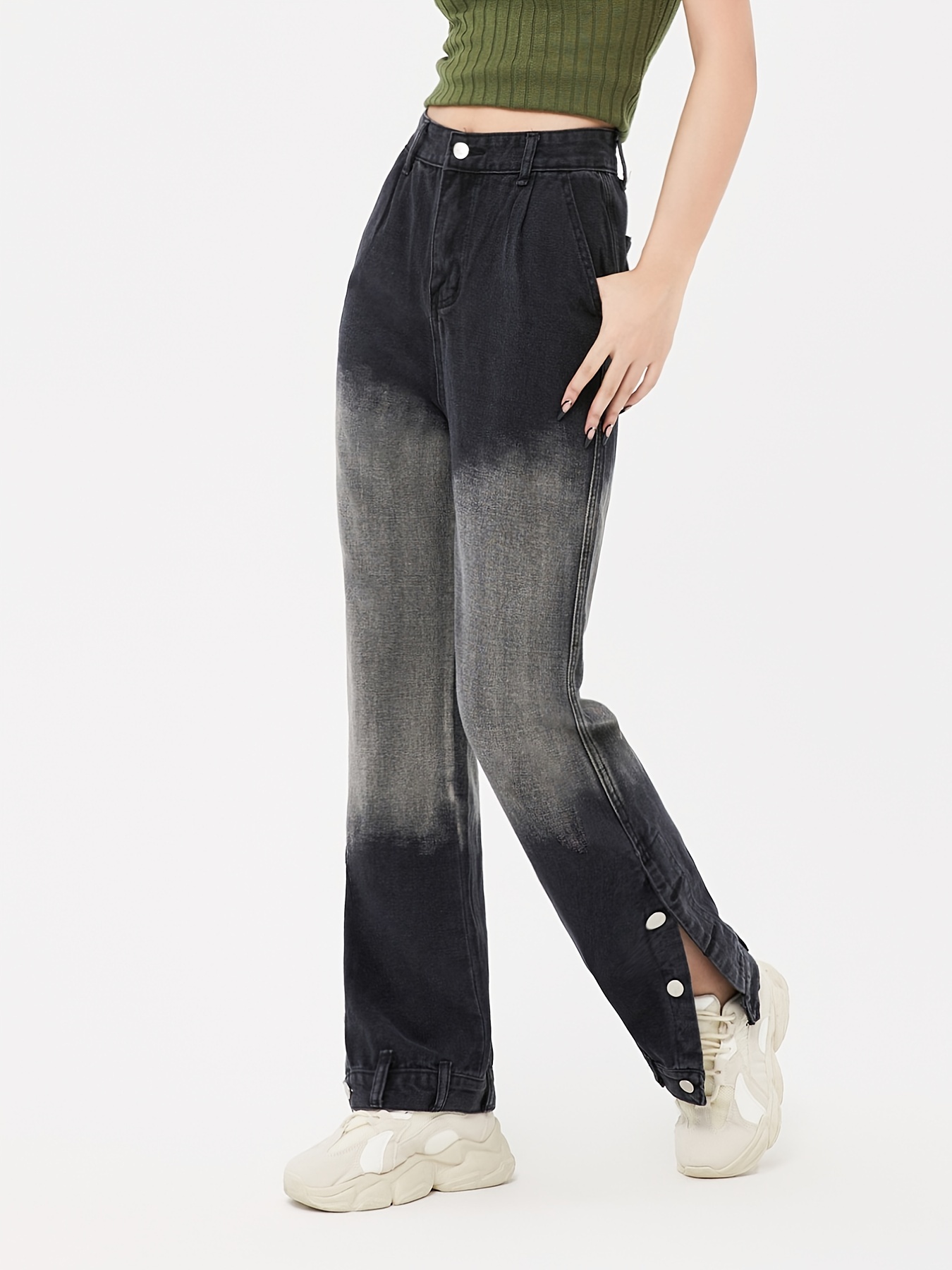 High Rise Straight Slit Leg Loose Jeans Jean Waist Design On Hem