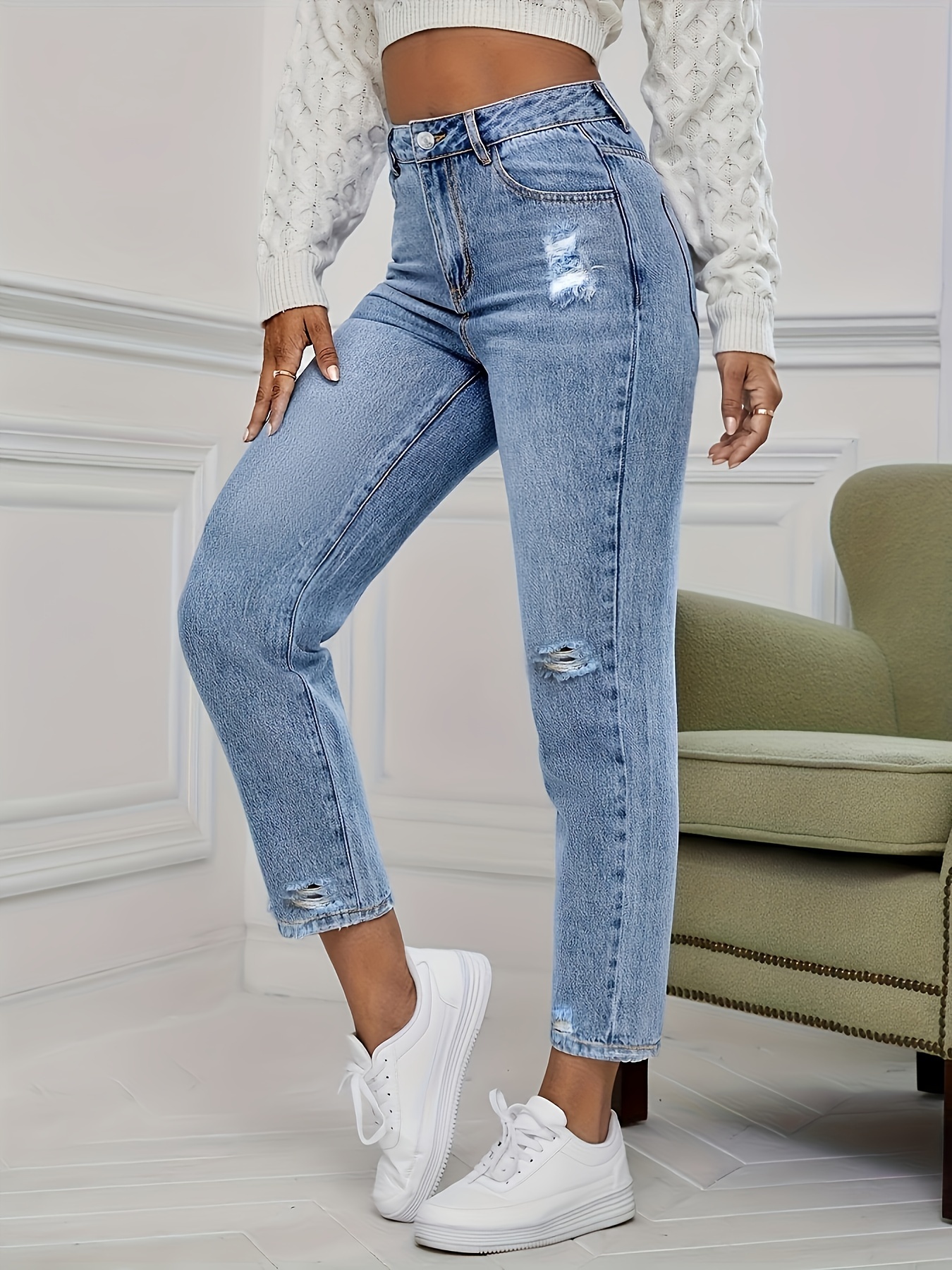 Jeans Rectos * Sin Rematar, Pantalones De Mezclilla No Elásticos Con  Agujeros Rasgados, Jeans Y Ropa De Mezclilla Para Mujer