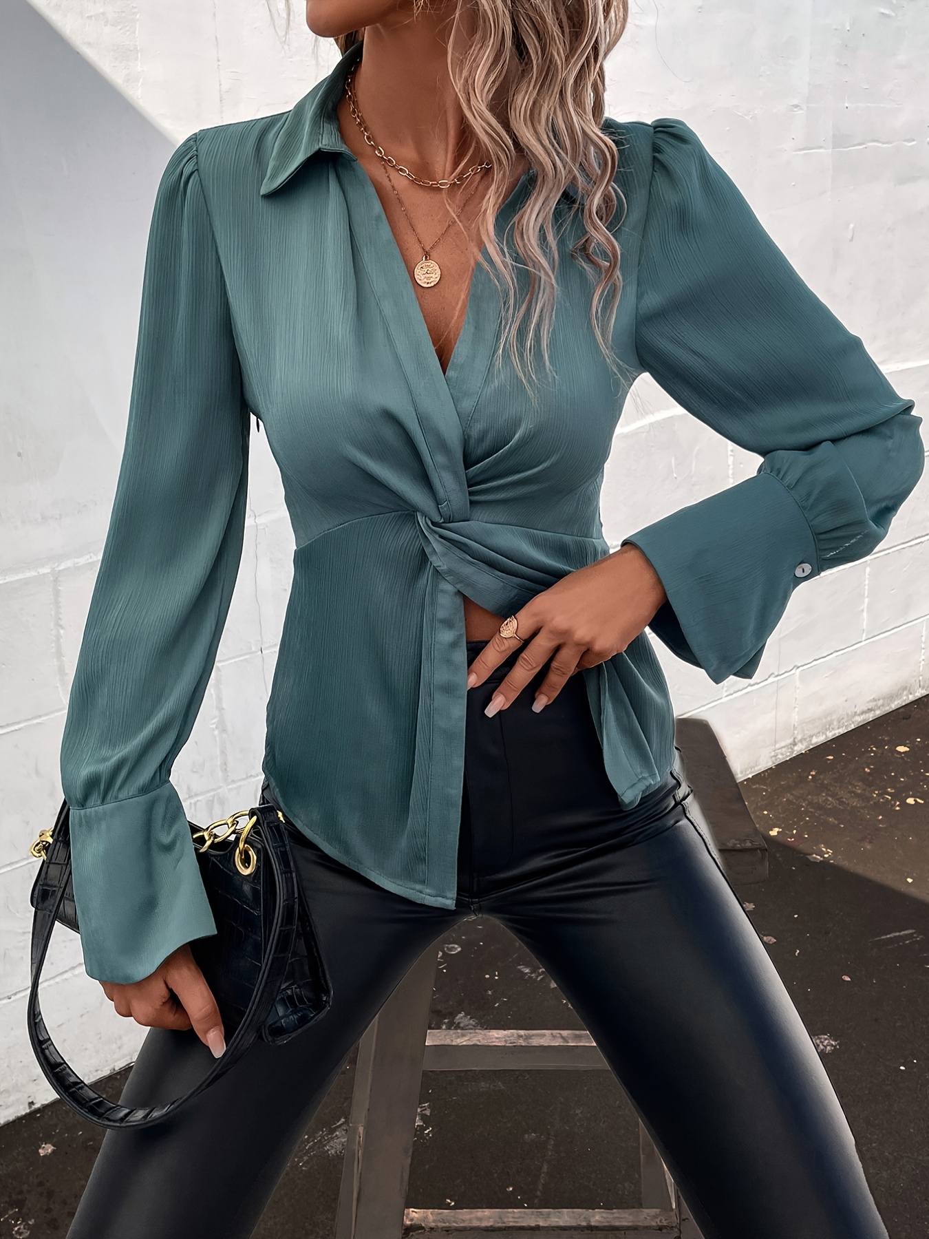 Elegant Twist Wrap V Neck Blouses Casual Long Sleeve Fashion - Temu