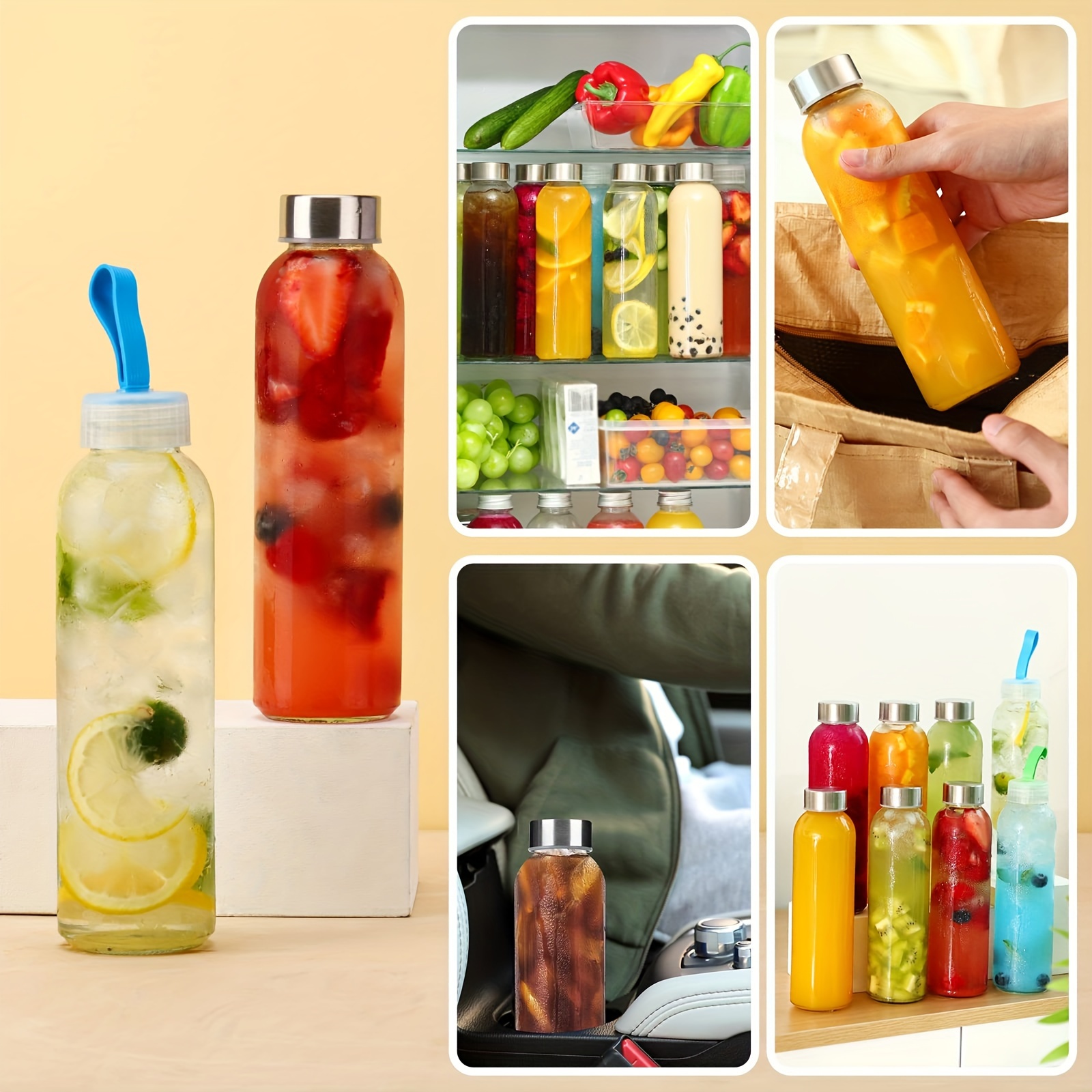 24pcs 12oz Glass Juice Bottles, Reusable Glass Bottles with Caps and Straws