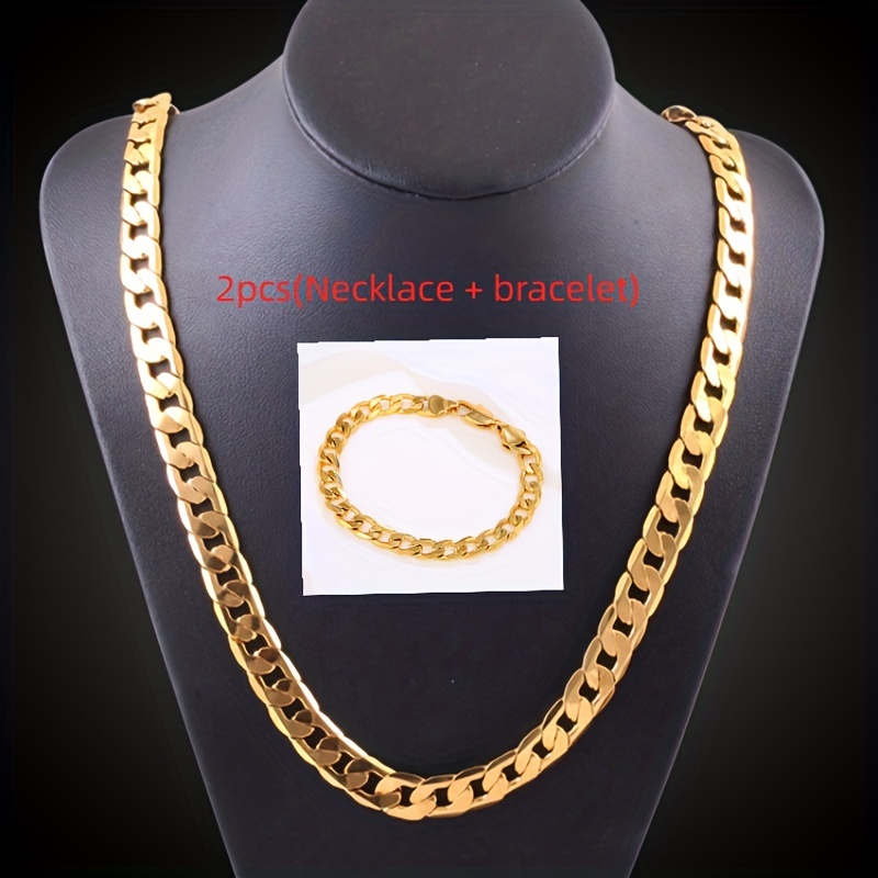 

(necklace+bracelet) 6mm Width Golden Plated Necklace Men's Hip Hop Necklace Jewelry Chain Necklace