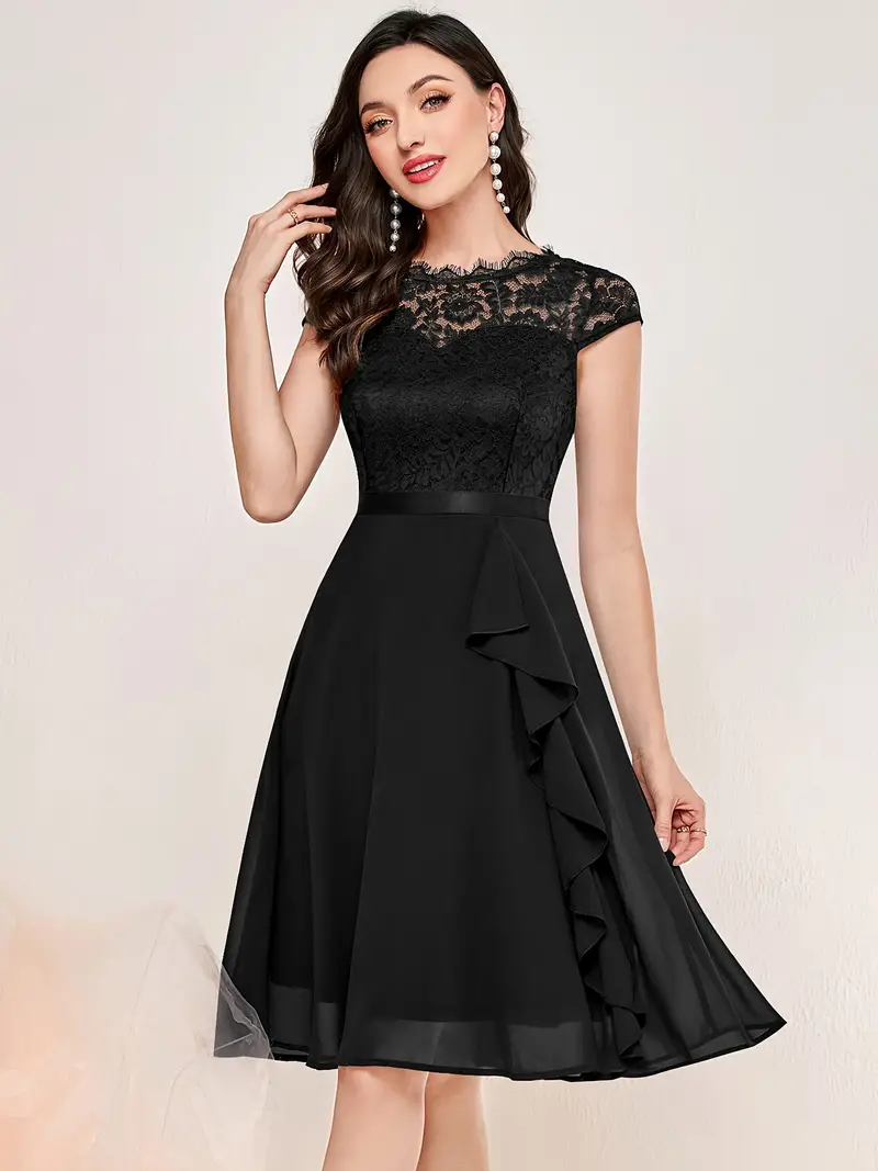 contrast lace ruffle trim party dress elegant solid crew neck short sleeve wedding dress homecoming dress womens clothing details 31