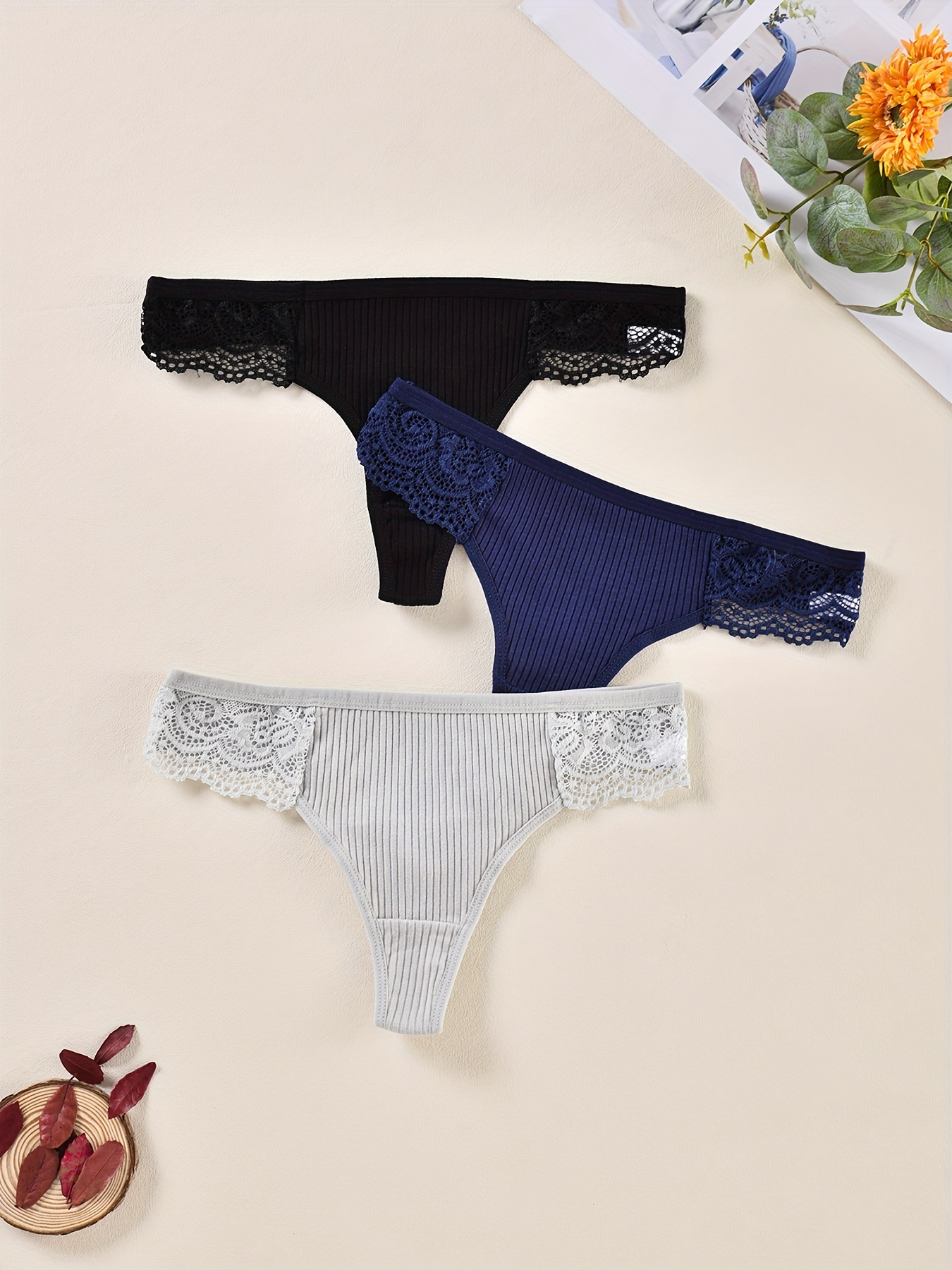 3pcs Lace Stitching Thongs, Soft & Comfy Stretchy Intimates Panties,  Women's Lingerie & Underwear