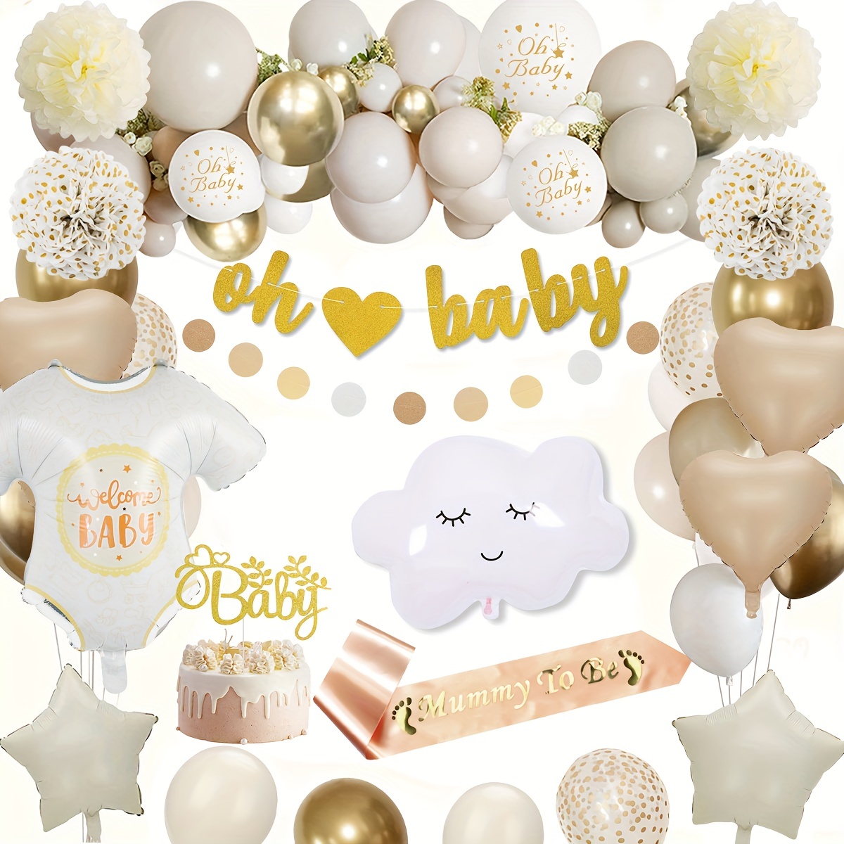 Set, Baby Shower Decorations, Golden Baby Shower Decorations For Boys Girls  Golden White Balloons Mummy To Be Sash Cake Topper Banner For Baby Shower