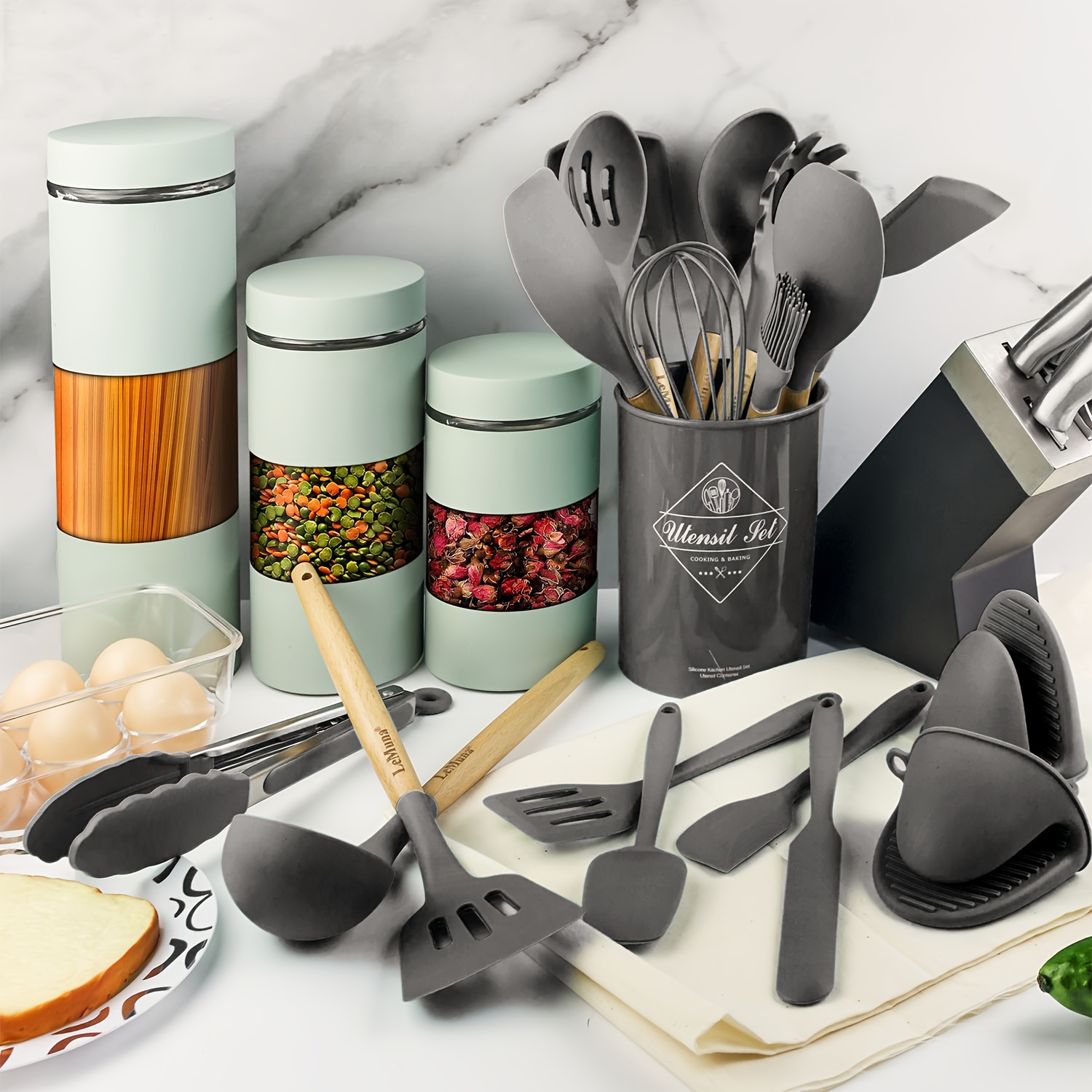 12 pezzi/set di utensili da cucina in silicone includono contenitore,  utensili da cucina in silicone con manici in legno, accessori da cucina - Temu  Italy