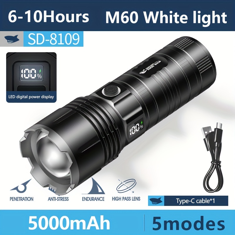 1pc Rechargeable High Lumens LED Flashlight, M60 Led Flashlight With  Zoomable & 6 Modes & IPX6 Waterproof, Super Bright Torch Light For  Emergencies, C