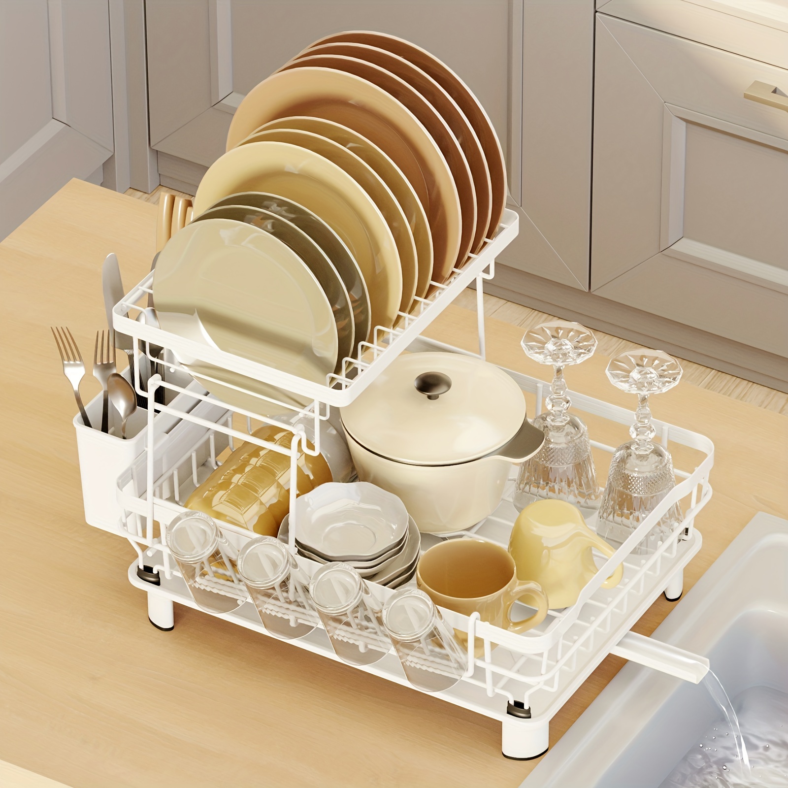 2 Tier Dish Drainer, Dish Drying Rack with Drip Tray, Dish Drainer Rack  with Drainboard and Utensil Holder (White)