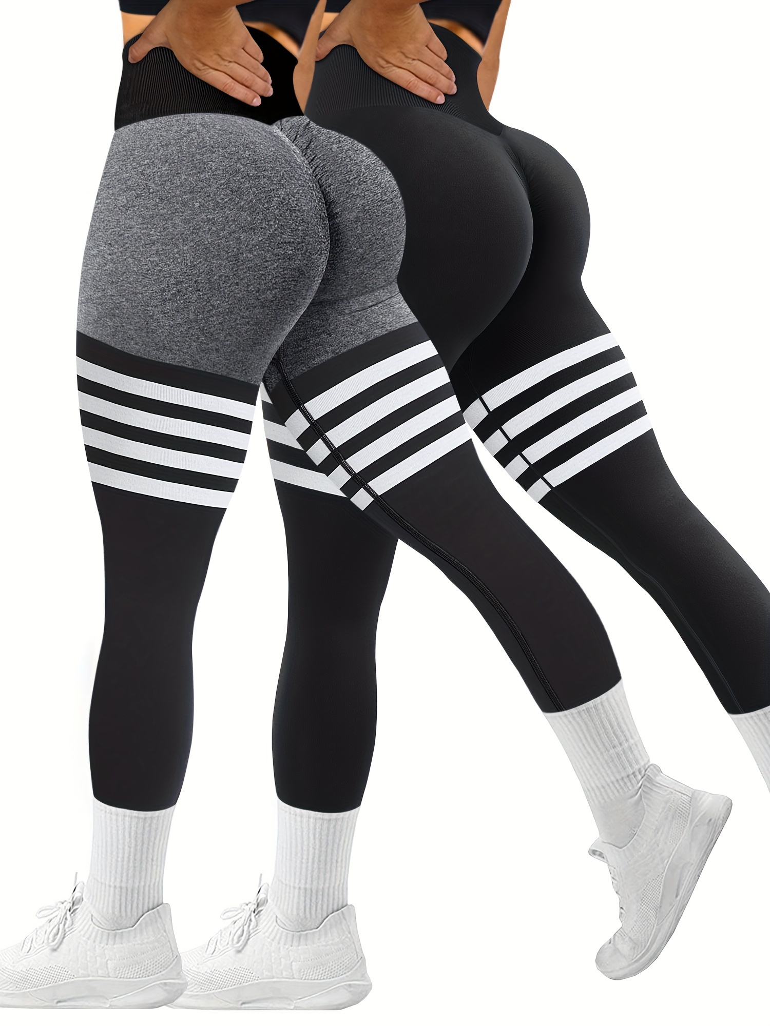 2pcs Striped Butt Workout Leggings For Women, Booty Lifting High Waist Yoga  Pants Gym Tights, Women's Activewear