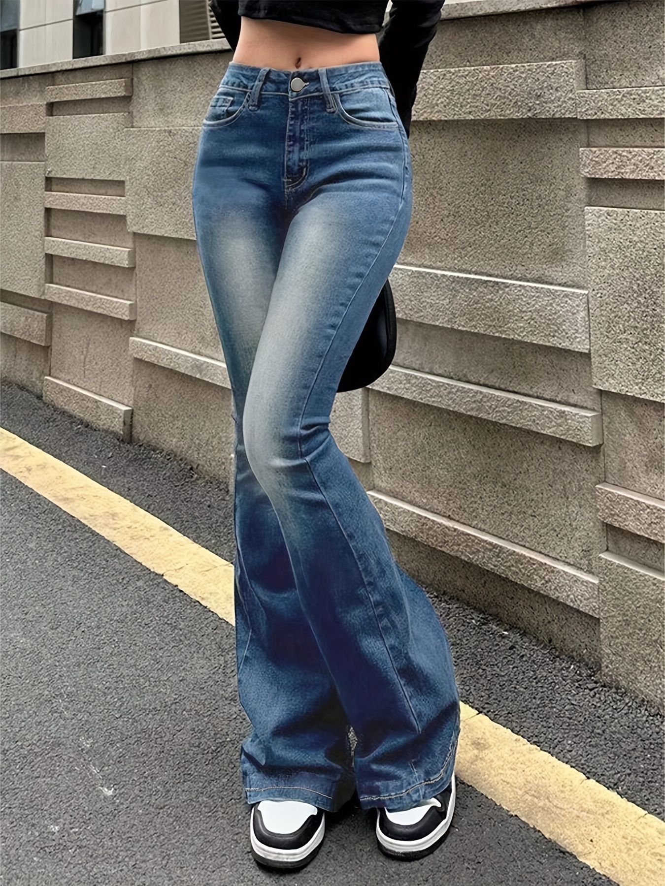 Plain Washed Retro Flare Jeans Slim Fit High Stretch Slant - Temu Canada