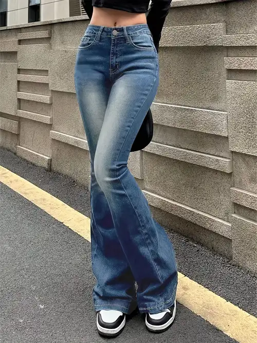 Solid Color Butt Lifting Flare Jeans For Women, Vintage Stretchy Zip Up  Bootcut Pants, Women's Denim Jeans & Clothing